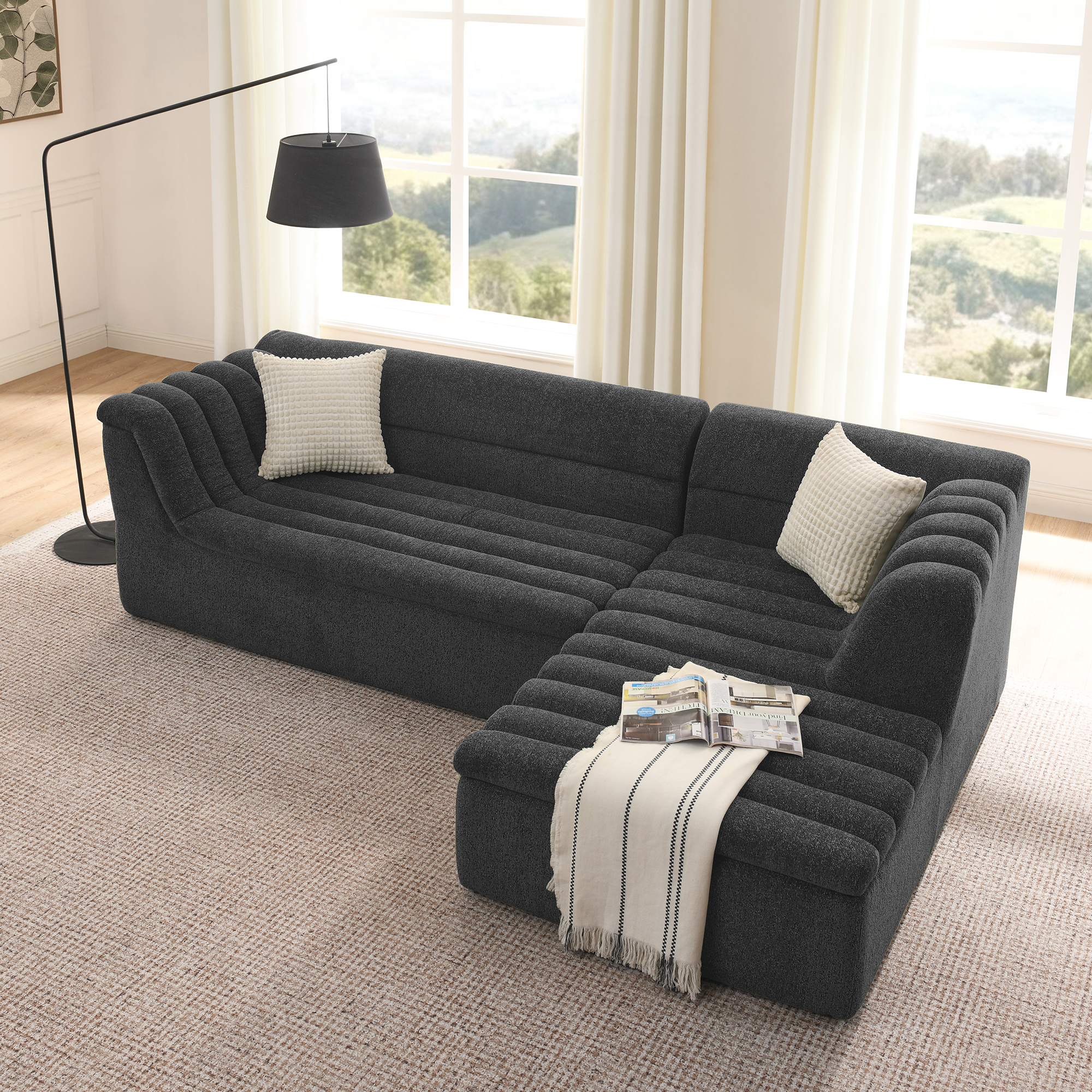 106″ L-Shaped Modular Sectional Sofa with Chaise for Living Room, Chenille Upholstered Boneless Couches with Wave-Shaped Armrest, No Pillows Included
