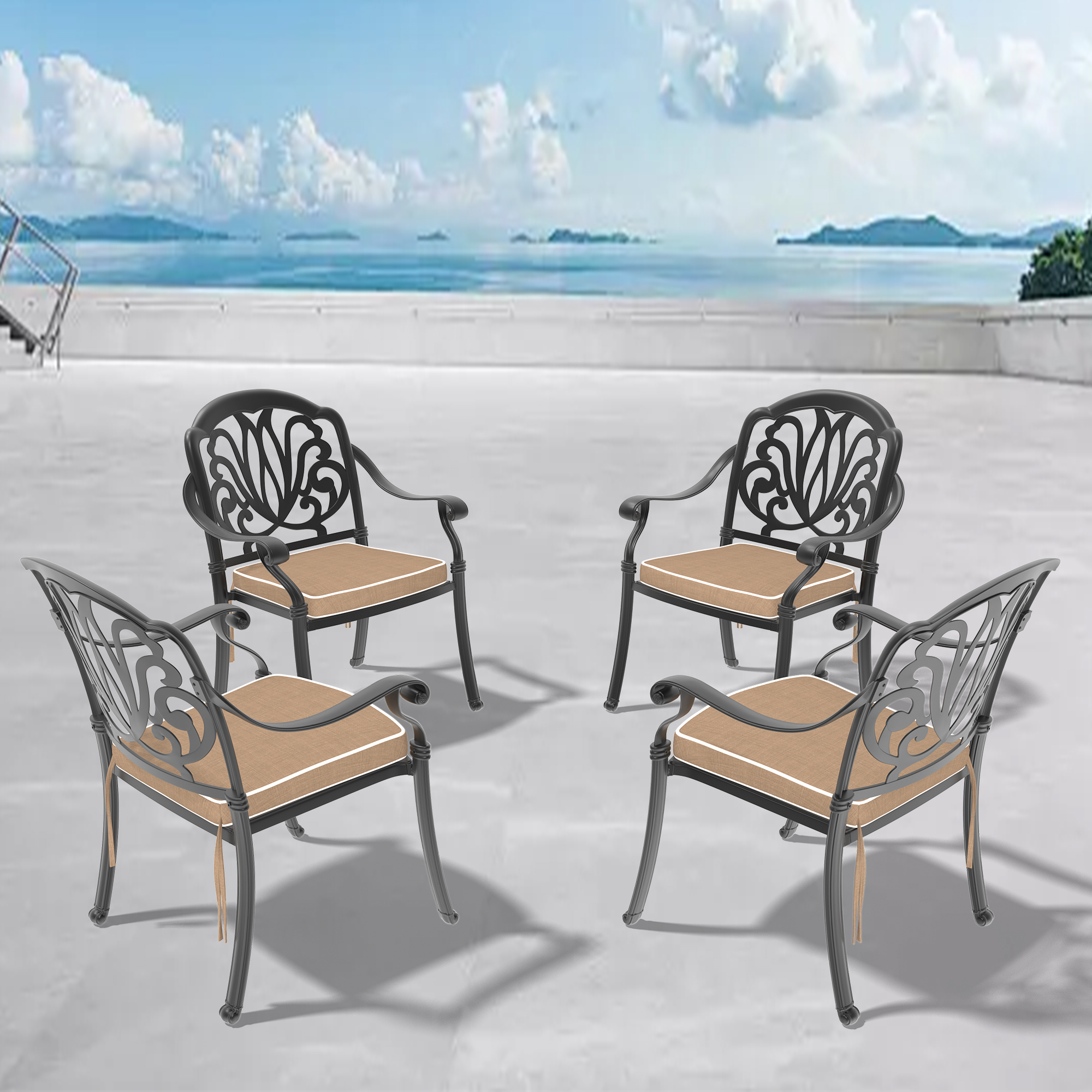 Cast Aluminum Patio Dining Chair 4PCS With Black Frame and Brown Cushions(same as W1710S00504)