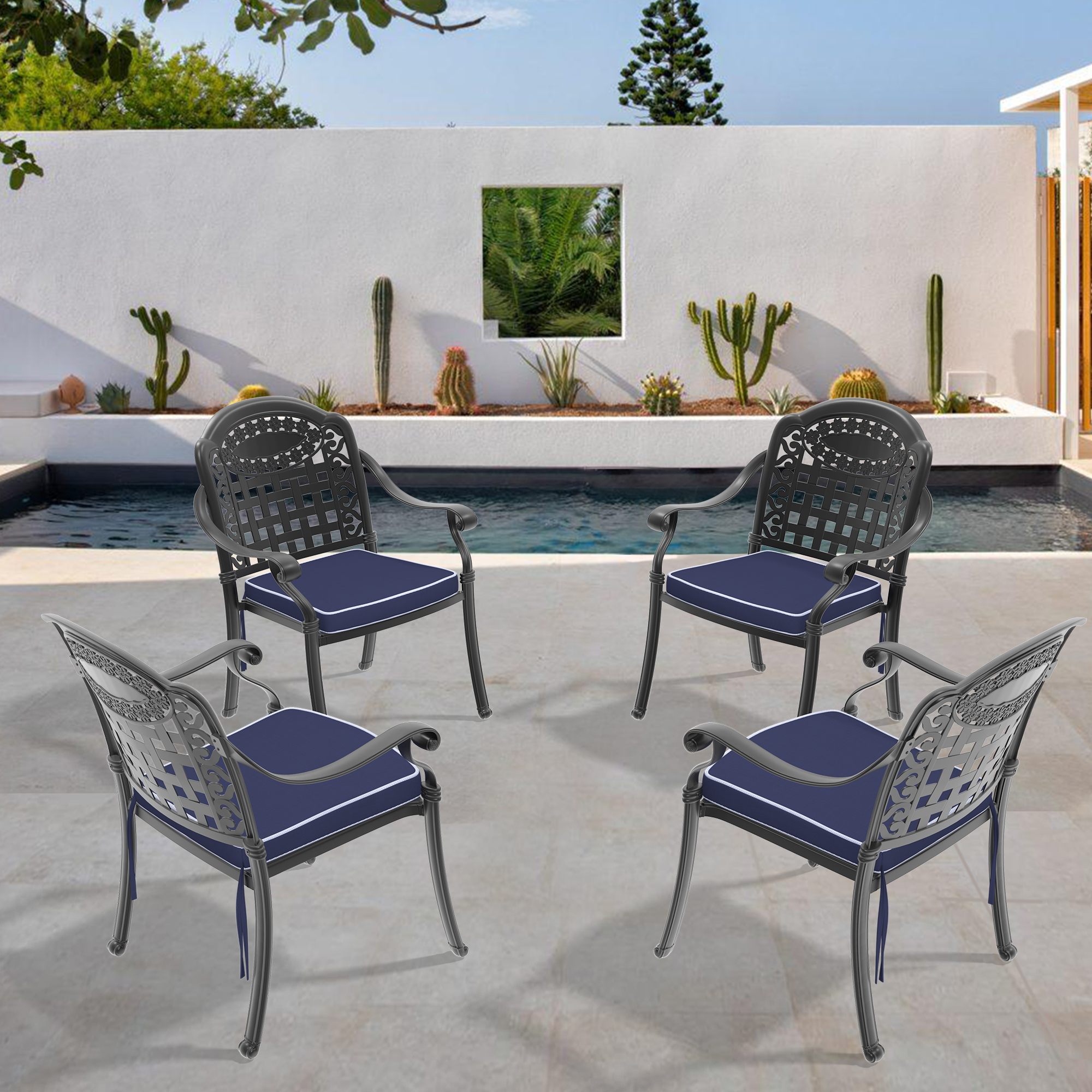 Cast Aluminum Patio Dining Chair 4PCS With Black Frame and Blue Cushions(same as W1710S00510)
