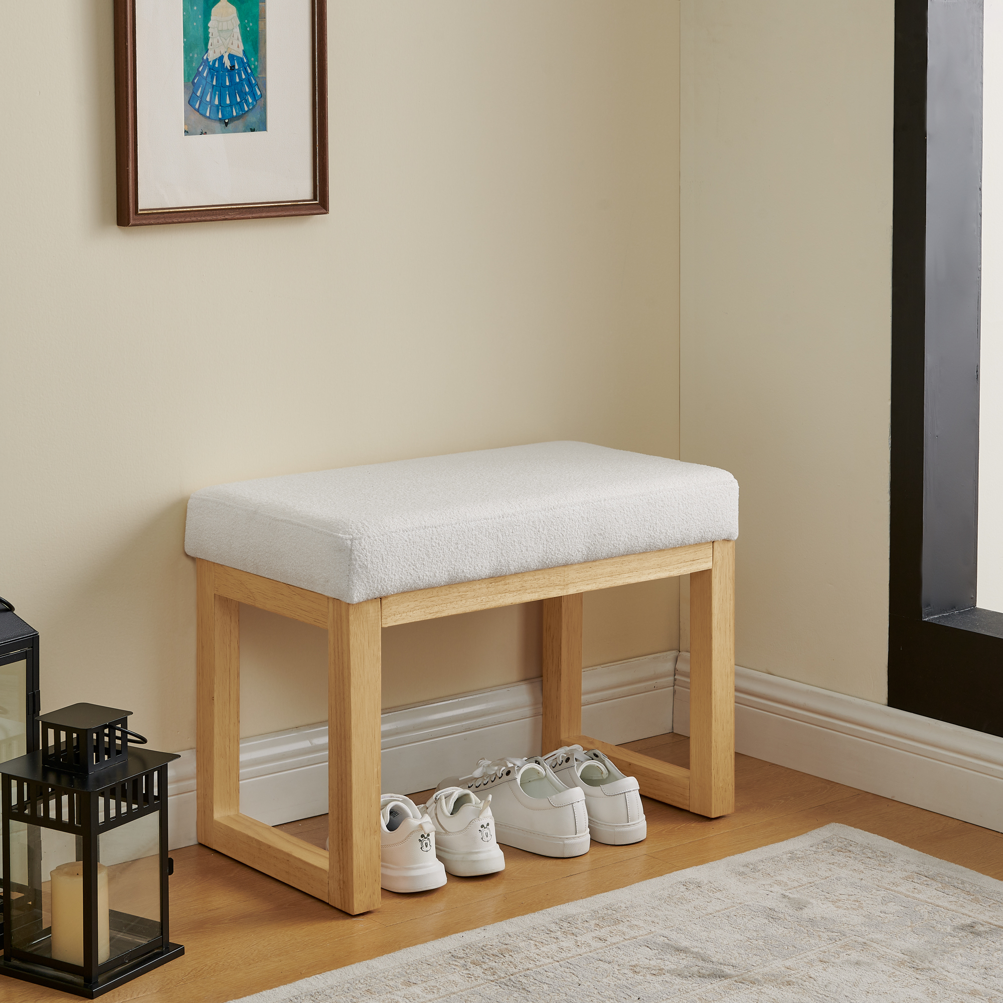 Shoe-changing bench, a shoe-changing bench with a wooden frame and a soft cushioned seat, can be placed freely and is suitable for small spaces without taking up much space – Beige