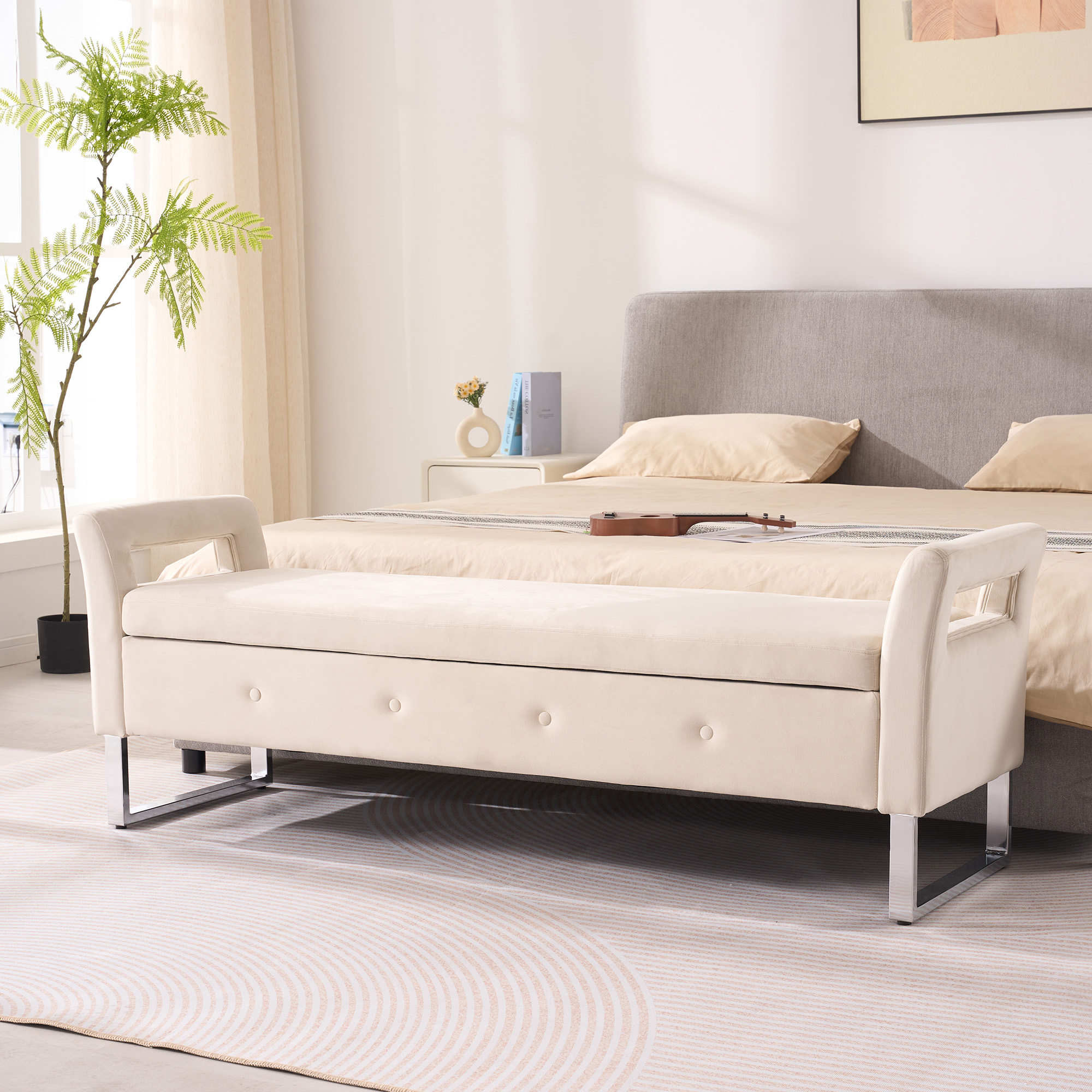 67.91″Wide Velvet Storage Soft Bench with Armrests  for Living Room, Entryway and Bedroom.  Beige