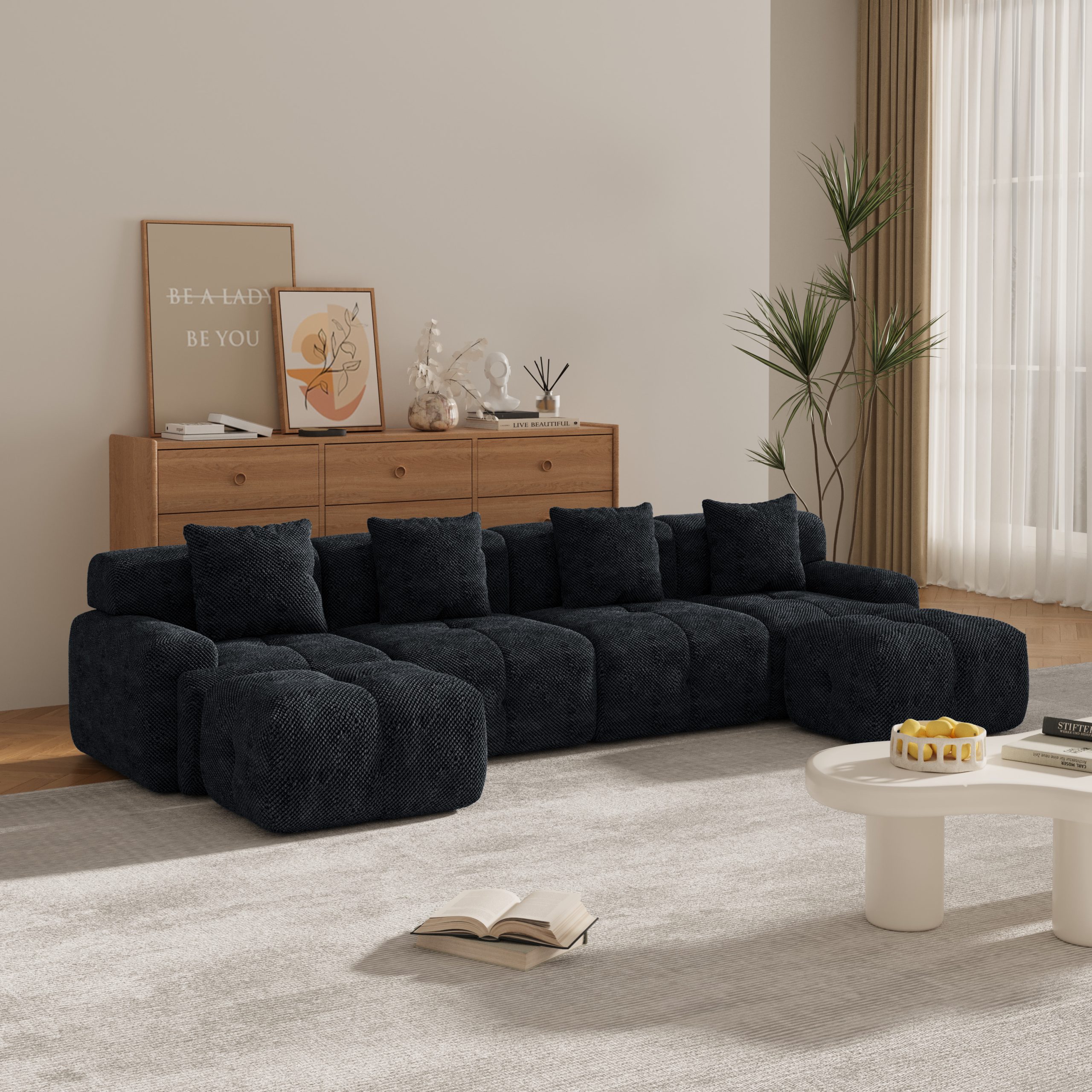 135.4″ 6-Piece U-Shaped Sleeper Modular Sectional Sofa Bed Chaise Oversized 4-Seater Boneless Convertible Block Cloud Tufted Floor Corner Couch Set with 2 Ottomans & 4 Pillows for Living Room,Charcoal