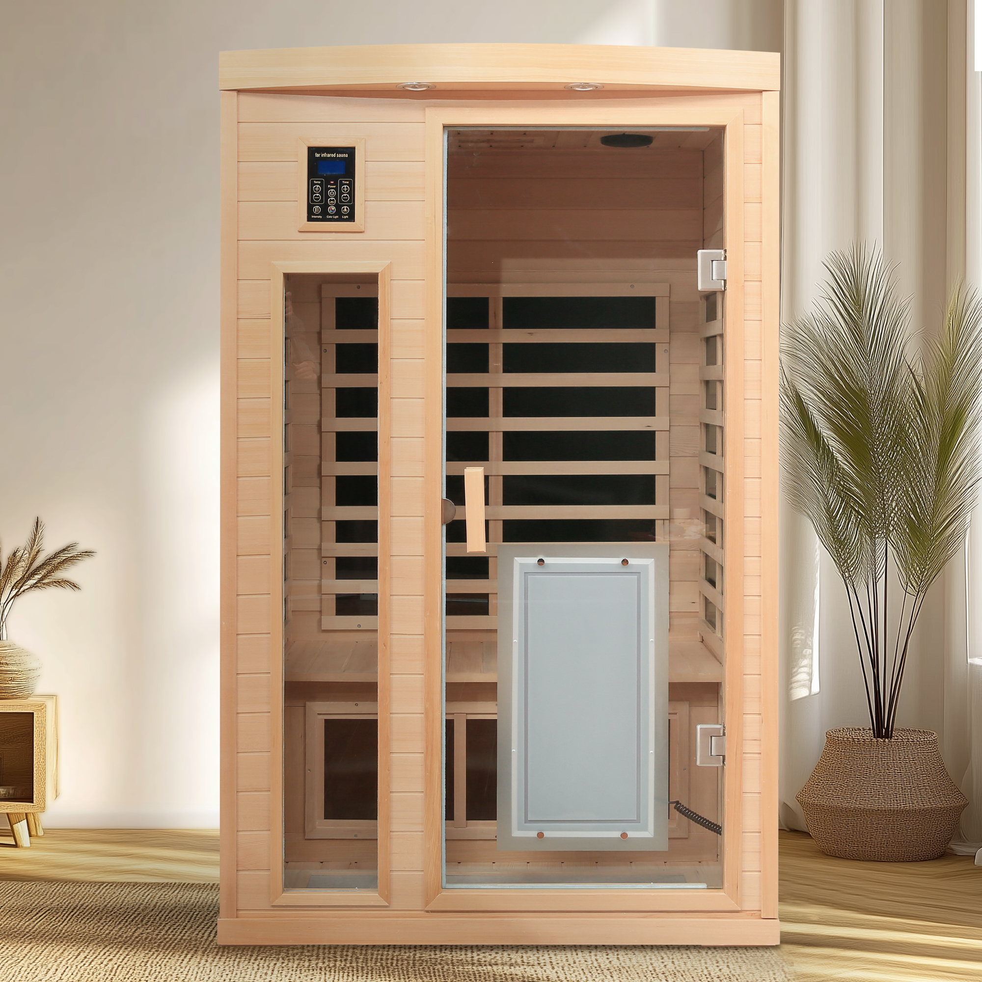 Low EMF Front door with heating panel Two Person Hemlock Far Infrared Indoor Suana Room