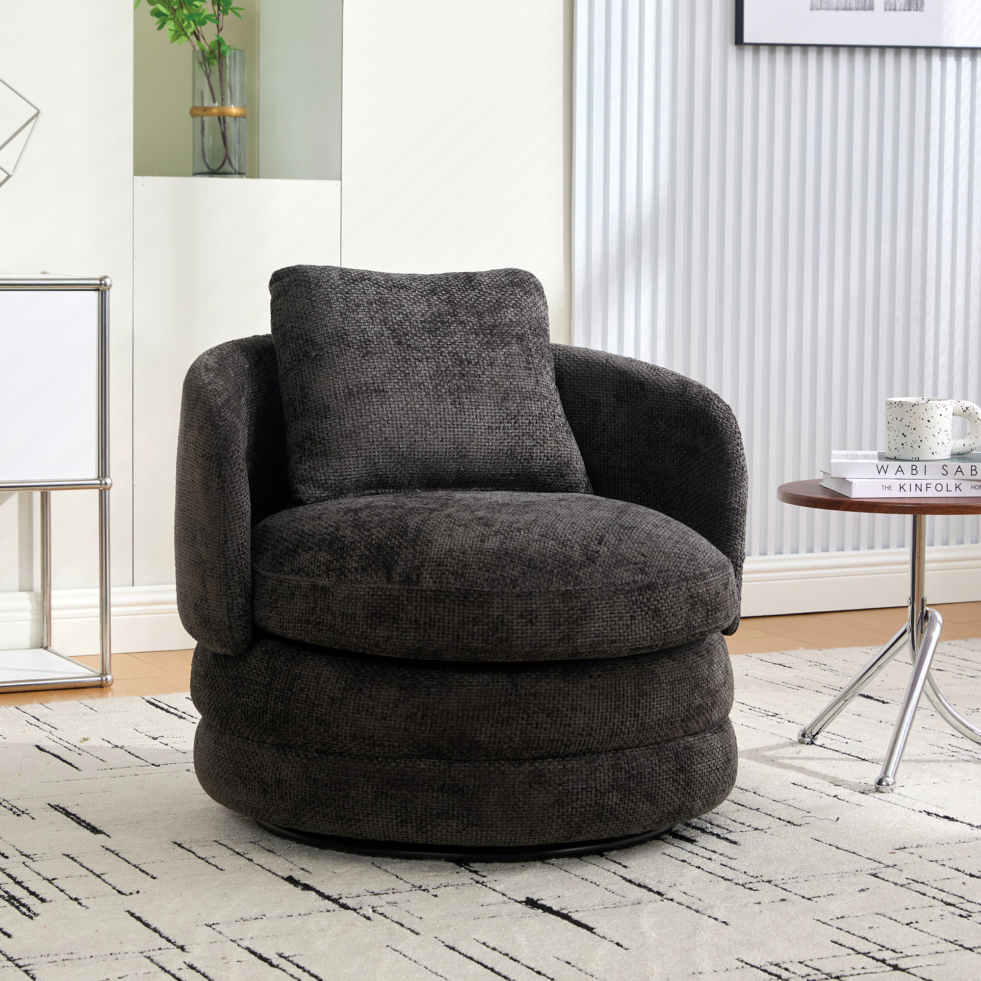 30″W Modern Round 360° Swivel Barrel Accent Chair with Pillow, Chenille Upholstered Comfy Barrel Armchair Single Club Sofa Chair for Living Room,Bedroom, Reading Room, Balcony, Lounge, Dark Gray