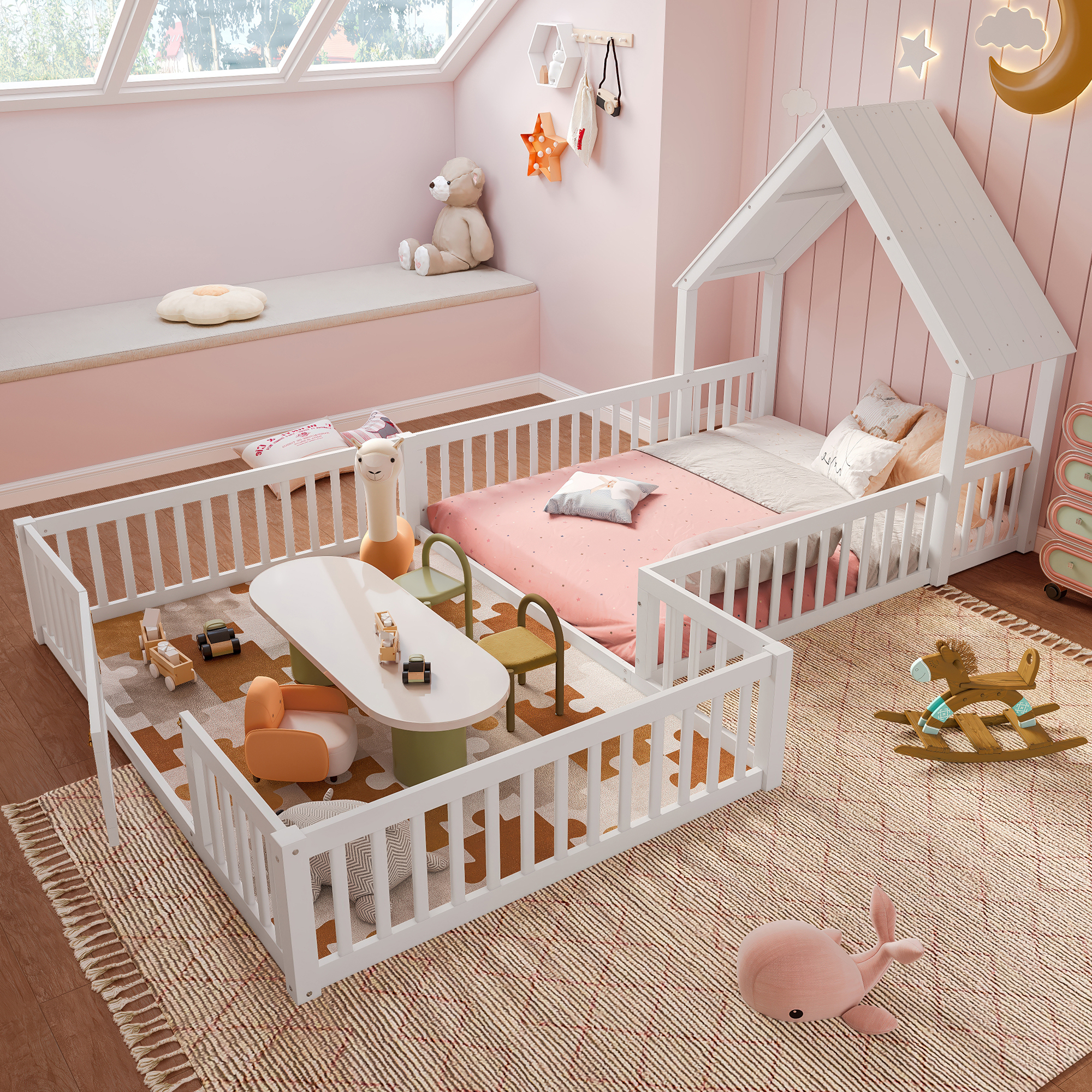 Full Size House Floor Bed, Double Full Floor Bed with Door and Full-length Guardrails, Multi-function Design, White