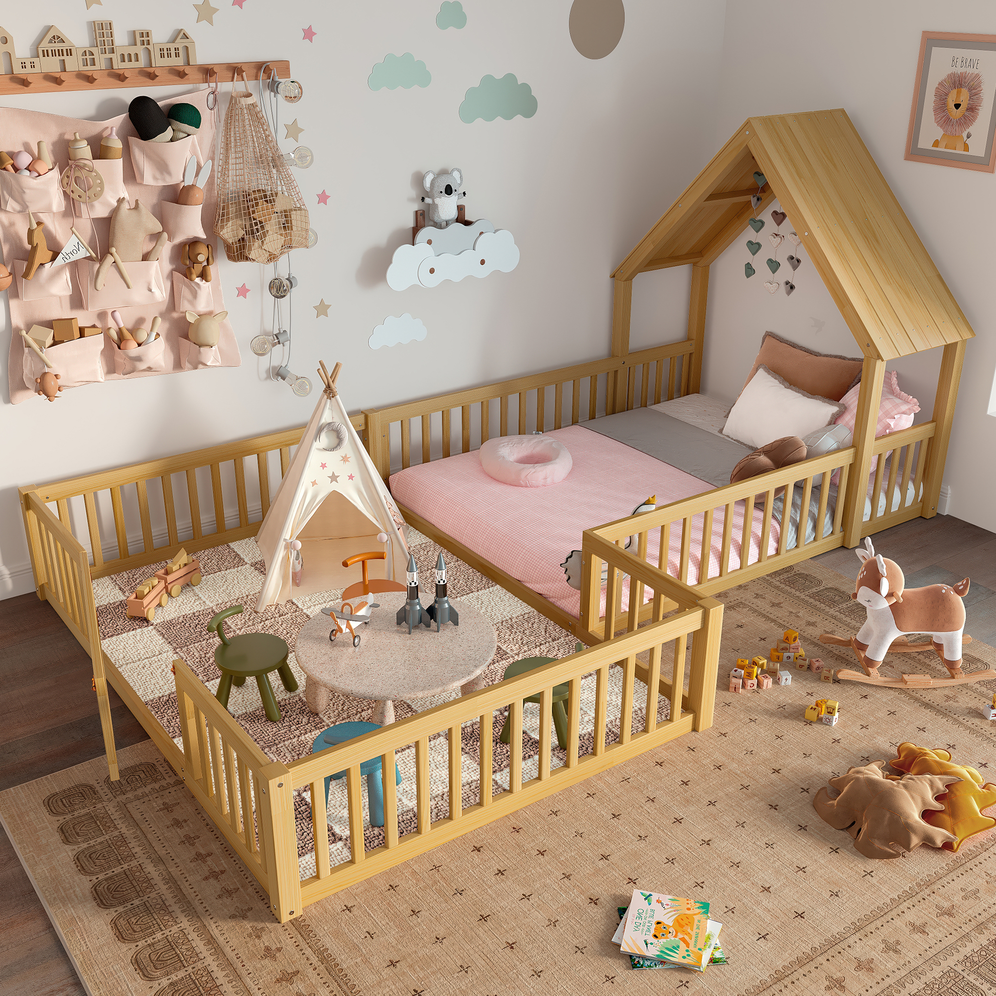 Full Size House Floor Bed, Double Full Floor Bed with Door and Full-length Guardrails, Multi-function Design,Natural