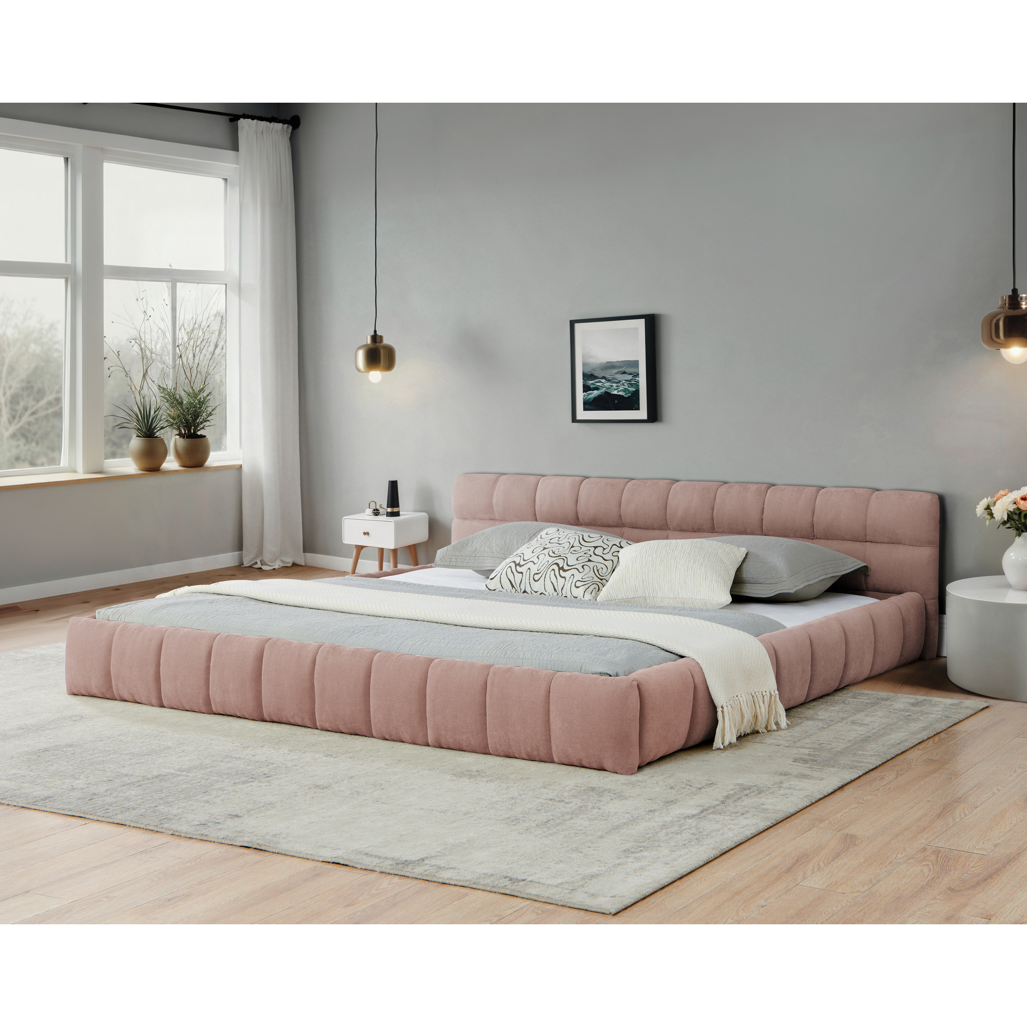 California King size Upholstered Bed Frame with Thick Fabric, Chenille Fabric Grounded Queen Size Platform Bed with Headboard and Solid Frame. No Box Spring Needed-Pink(90.5”*80.5”*31”)