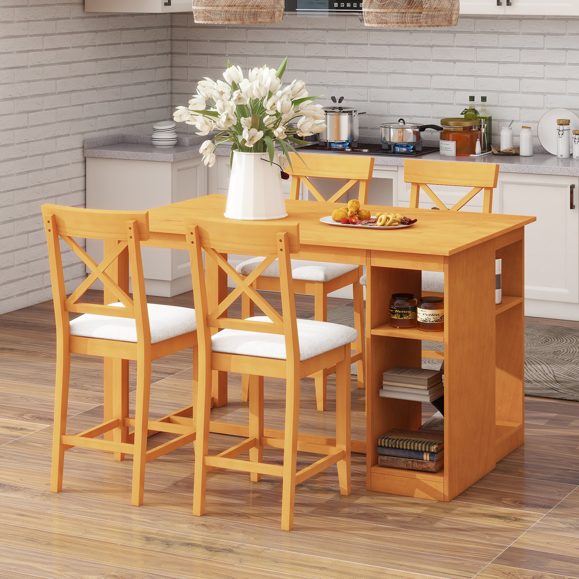 TOPMAX 60″Lx30″W Solid Wood Farmhouse Counter Height Dining Table Set with 3-Tier Storage Shelves, Upholstered Dining Chairs for 4, 5-Piece, Brown