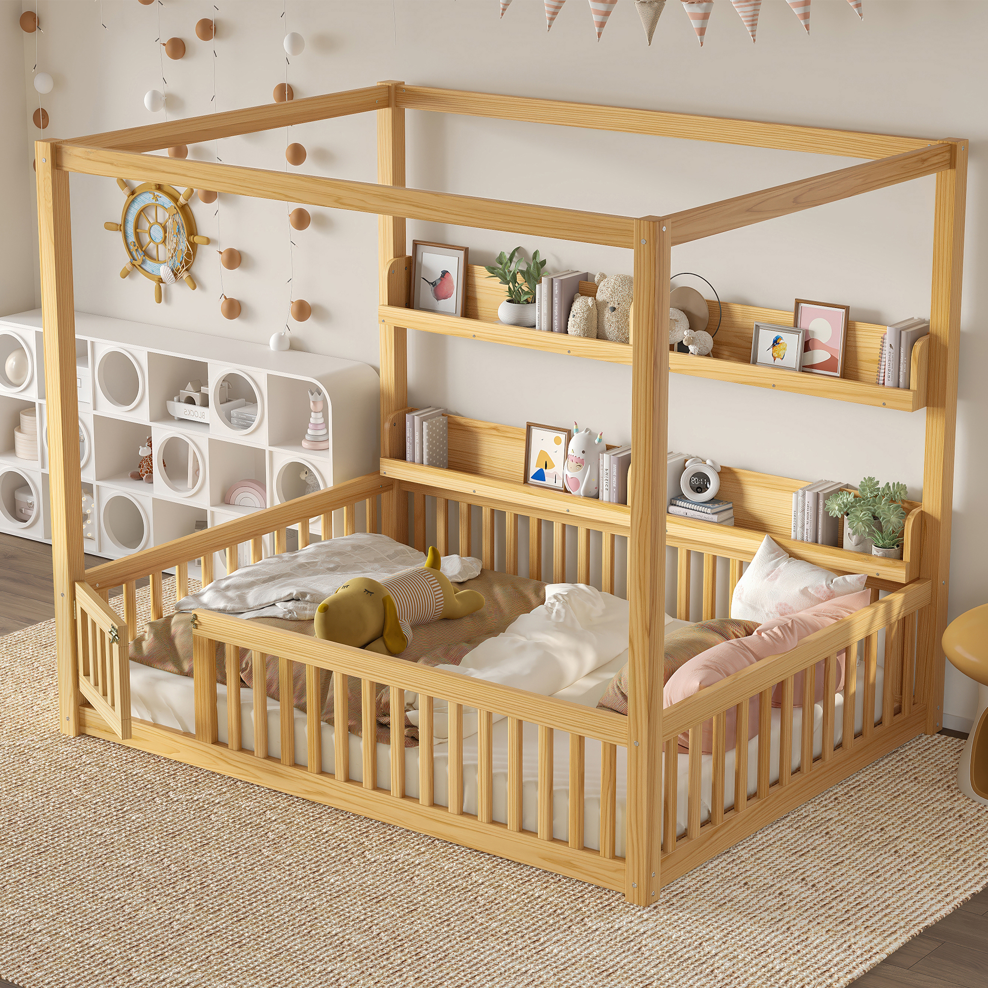 Full Size Canopy Bed with Guardrails, Solid Wood Floor Bed with Shelves, Montessori Floor Bed Frame for Kids, Boys, Girls, No Spring Box Needed, Natural