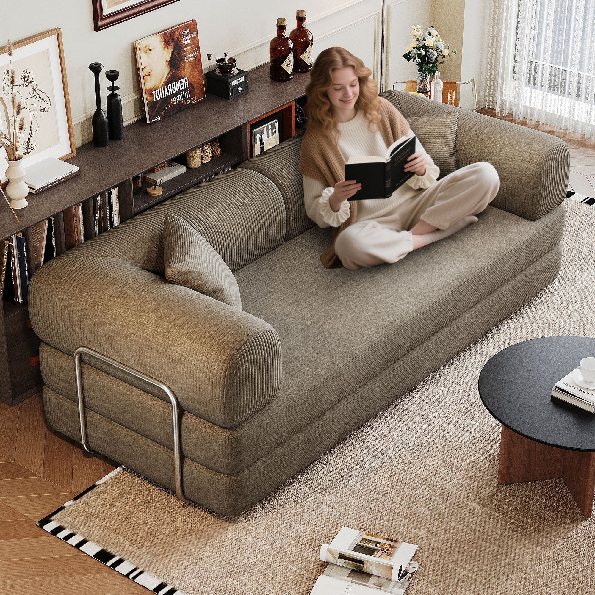 78.8″ Compression Sofa,Convertible Floor Sofa Bed-with Pillow Back Support Armrest,Comfy Futon Couch Sleeper Bed,Loveseats Boneless Modular Sectional Sofa,Corduroy fabric,for Living Room,Bedroom,Camel