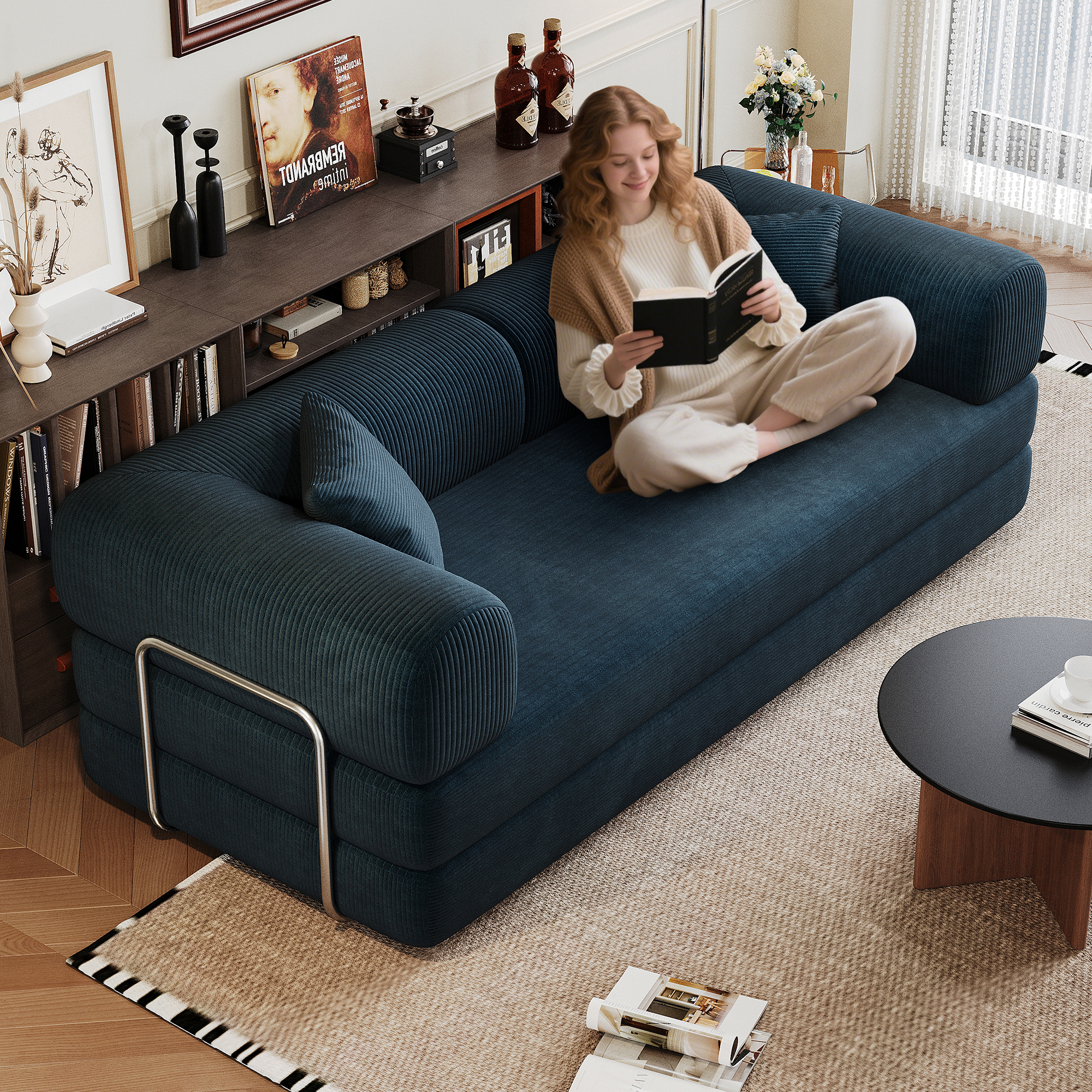 78.8″ Compression Sofa,Convertible Floor Sofa Bed-with Pillow Back Support Armrest,Comfy Futon Couch Sleeper Bed,Loveseats Boneless Modular Sectional Sofa,Corduroy fabric,for Living Room,Bedroom,Blue