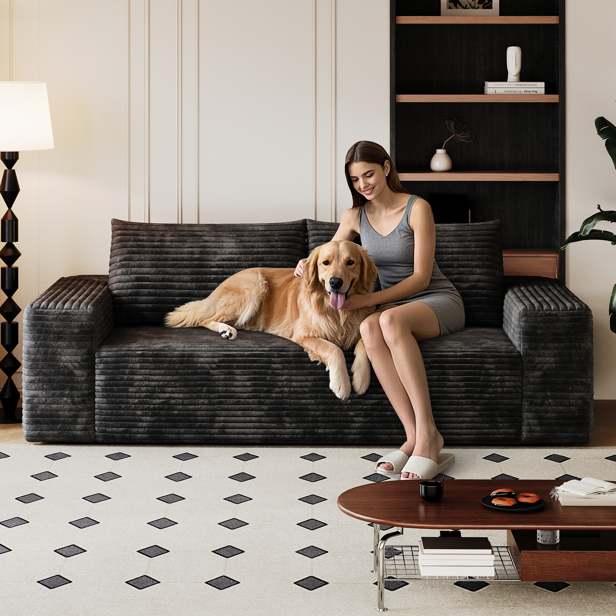 71″ 3Setaser Sofa,Corduroy Fabric,Deep Seat Couches,Comfy Loveseat Sofa,No Assembly,1pcs for Living room, Bedroom,Conference room ,Apartment,Black