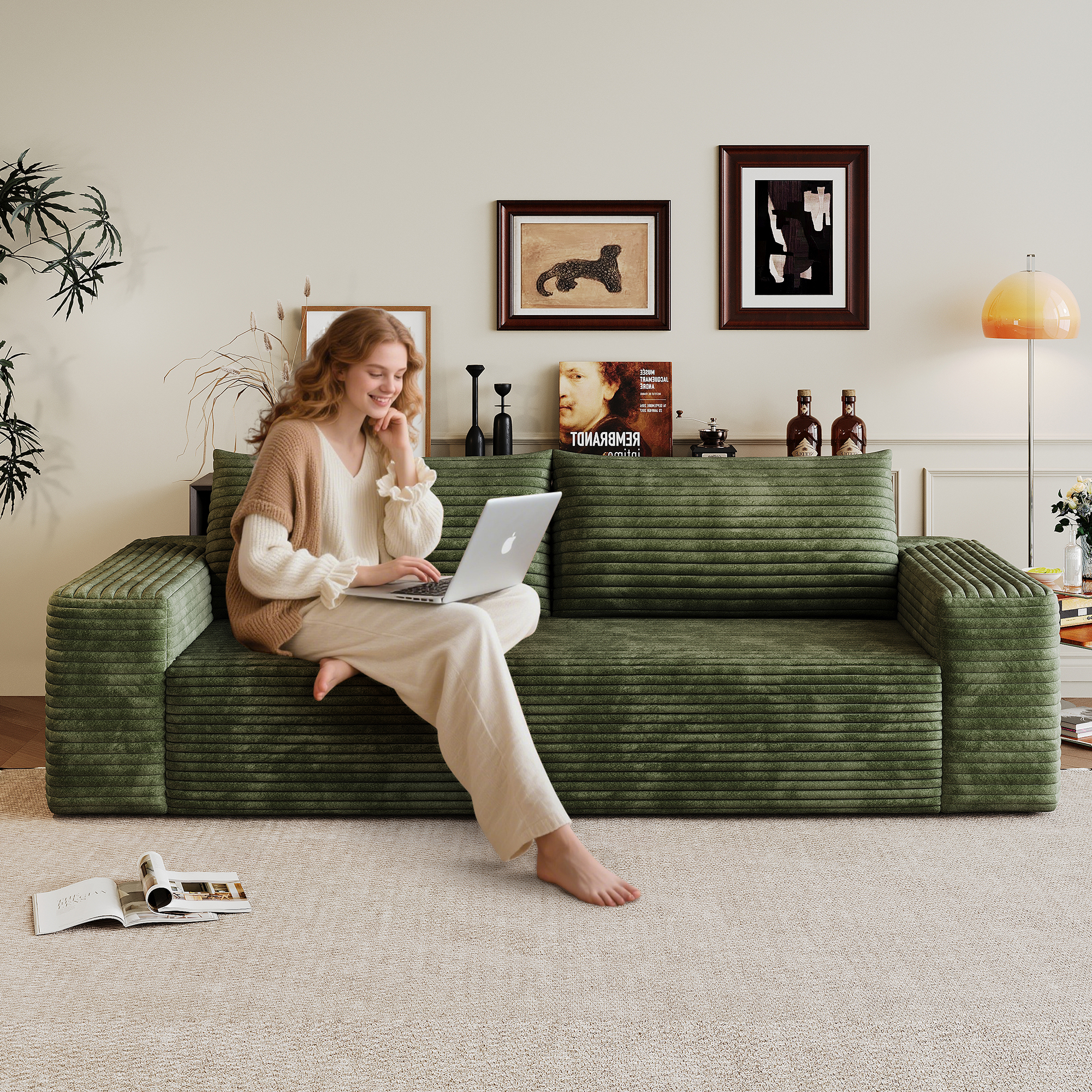 71″ 3Setaser Sofa,Corduroy Fabric,Deep Seat Couches,Comfy Loveseat Sofa,No Assembly,1pcs for Living room, Bedroom,Conference room ,Apartment,Green
