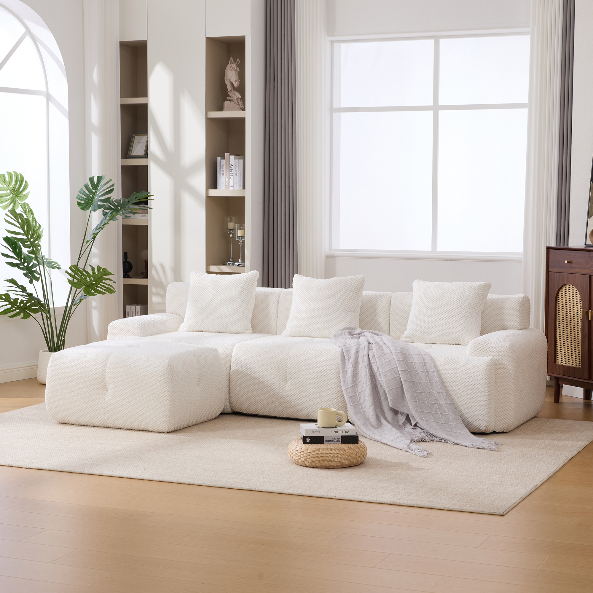 104.3″ 4-Piece L Shaped Upholstered Modular Sectional Sofa, Oversized 3-Seater Boneless Convertible Cloud Tufted Couch Set with Deep Seat & Movable Ottoman 3 Pillows for Living Room,No Assembly, Ivory