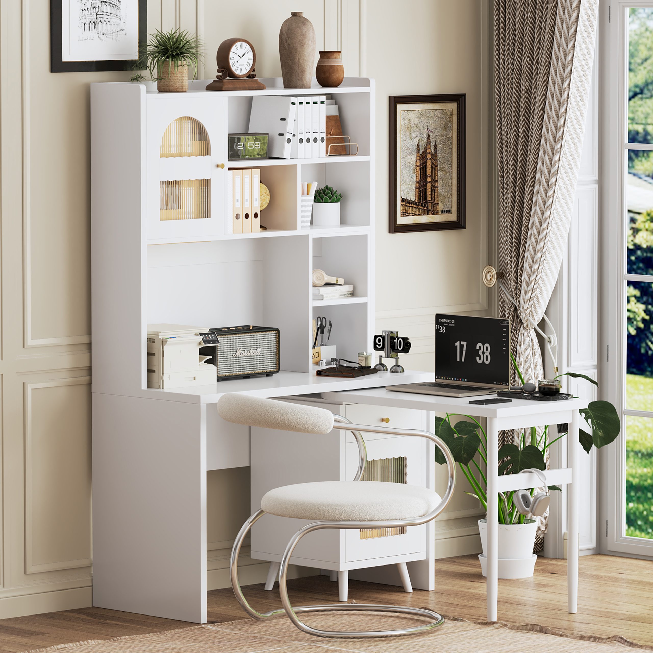 Computer Desk with 90 Degree Rotating Desktop, 43×70 Inch Office Desk with Storage Drawer and Cabinets, Gaming Desk with Shelves, Writing Desk for Study, Work Desk for Home (Old SKU:N733P279101K)