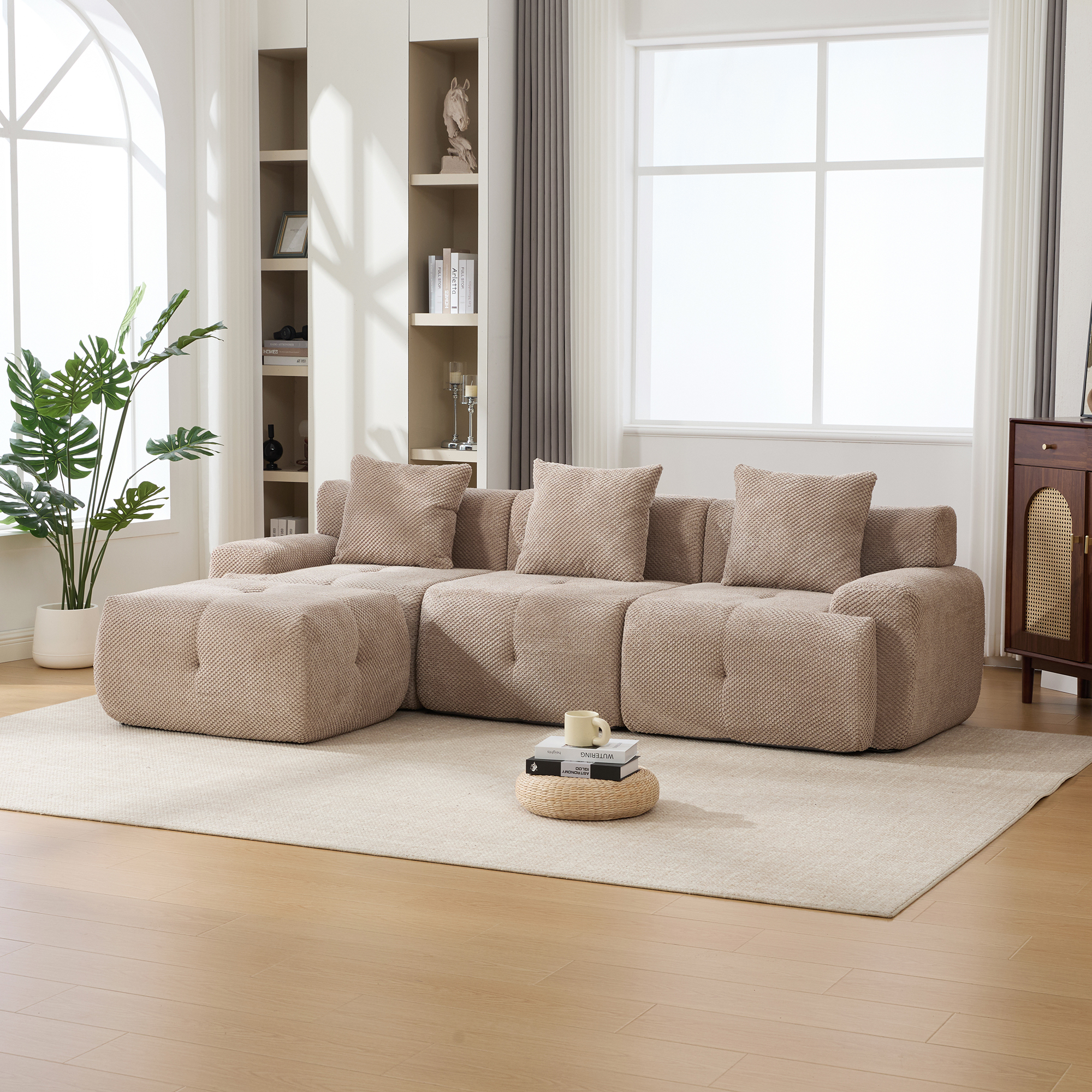 104.3″ 4-Piece L Shaped Upholstered Modular Sectional Sofa, Oversized 3-Seater Boneless Convertible Cloud Tufted Couch Set with Deep Seat & Movable Ottoman 3 Pillows for Living Room,No Assembly, Taupe