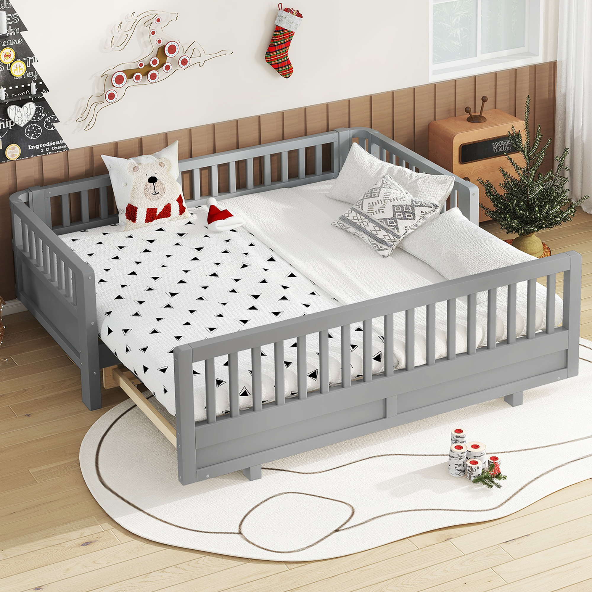 Twin Size Platform Bed with Guardrails, Solid Wood Twin Bed Frame, Can Be Converted into a Double Twin Platform Bed,Grey
