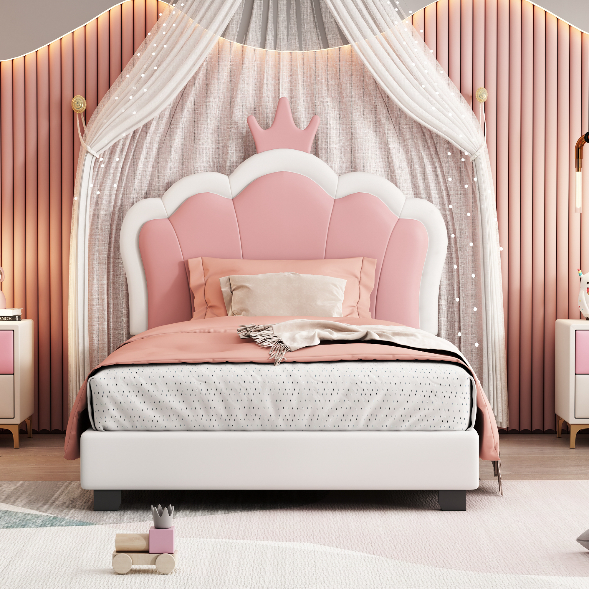 Twin size Upholstered Princess Bed With Crown Headboard,Twin Size Platform Bed with Headboard and Footboard, Cream+Pink(Old SKU:WF303336AAK)