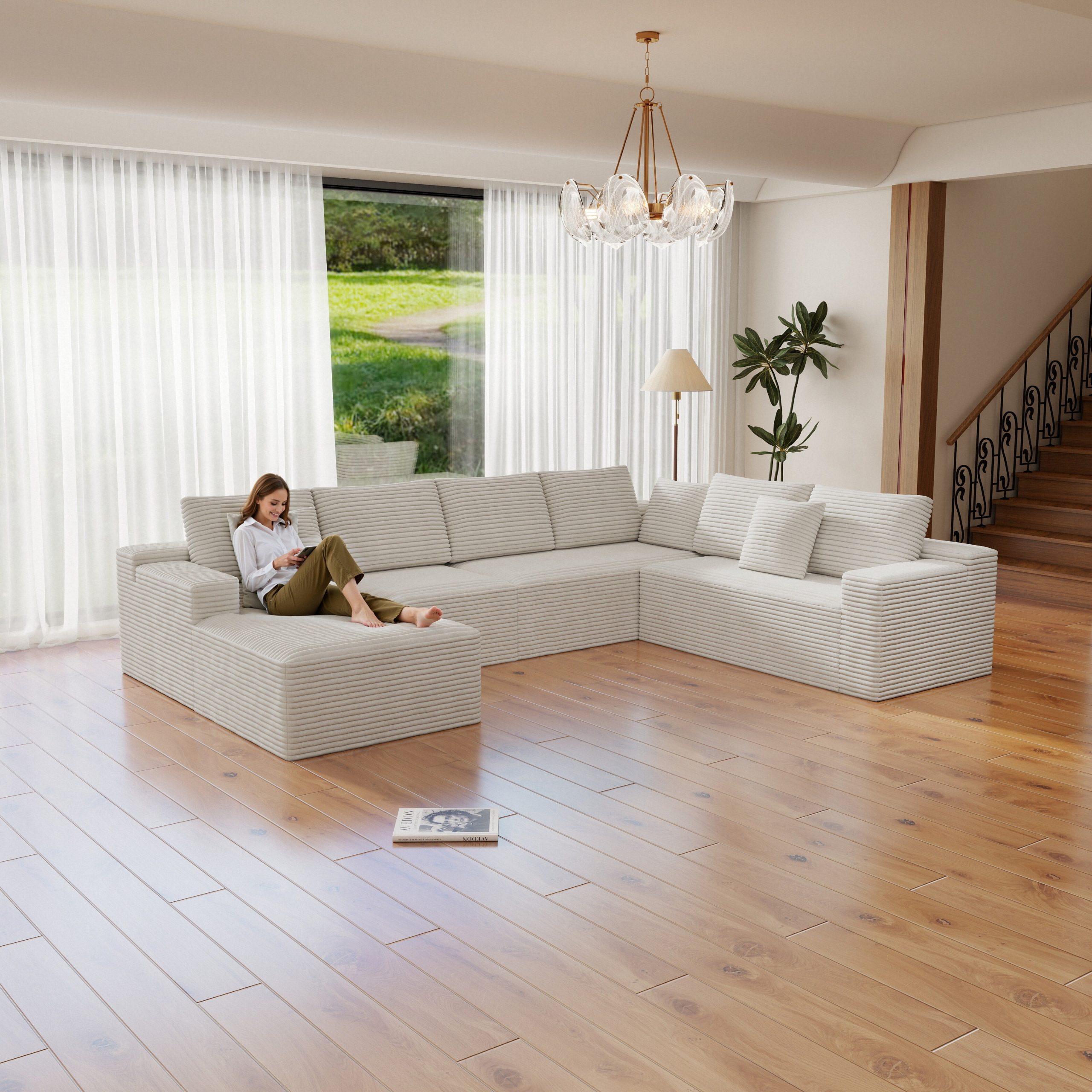 131.9*104.3″Modular sectional sofa seat,Upholstered compressed couch for living room,Bedroom,Apartment,No assembly required,4 PC free combination,Plush corduroy fabric,WHTIE