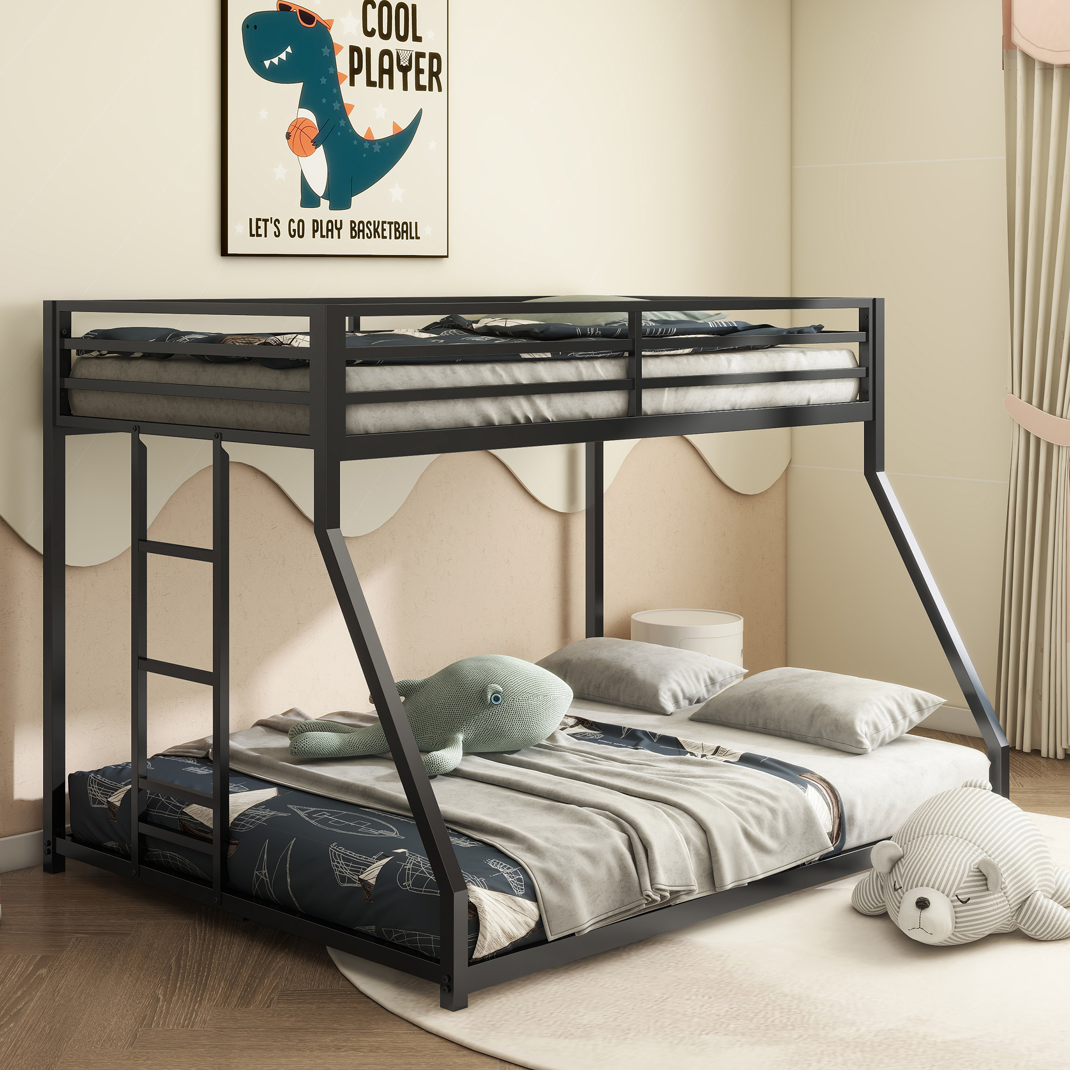 Adam Sturdy Twin over Full Bunk Bed Metal Black for Kids and Adult, Low Profile Twin over Full Bunk Bed with Ladder and Guardrails, Easy Climbing, Beds for Bedroom, Same as original B083124171