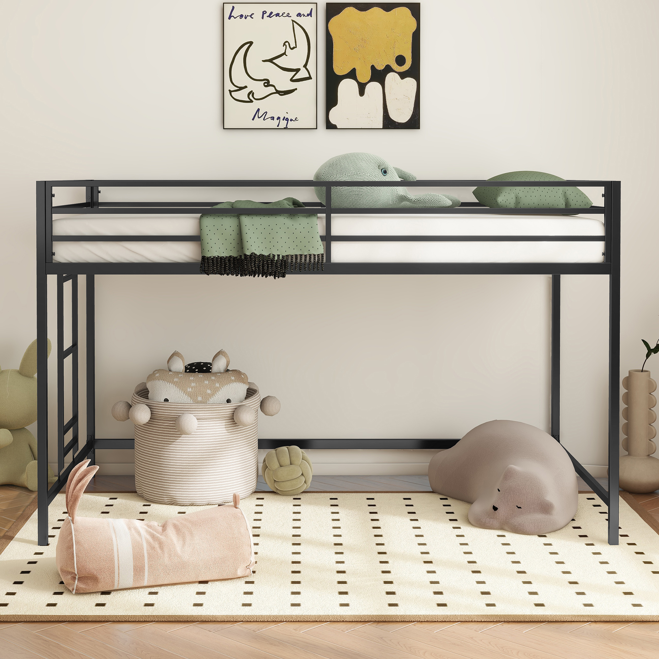 Adam sturdy junior twin loft bed black for kids, space saving, Loft Bed with easy climbing Ladder and Guardrails, Loft Bed Frame for Bedroom
