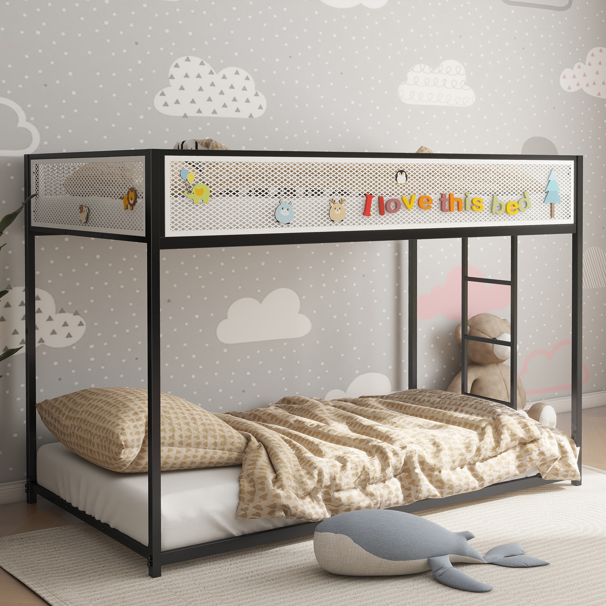 Adam Twin Over Twin Bunk Bed Metal Black with White Mesh Guard Rail for Kids and Adult, Low Profile and Easy Climbing with Stable Ladder