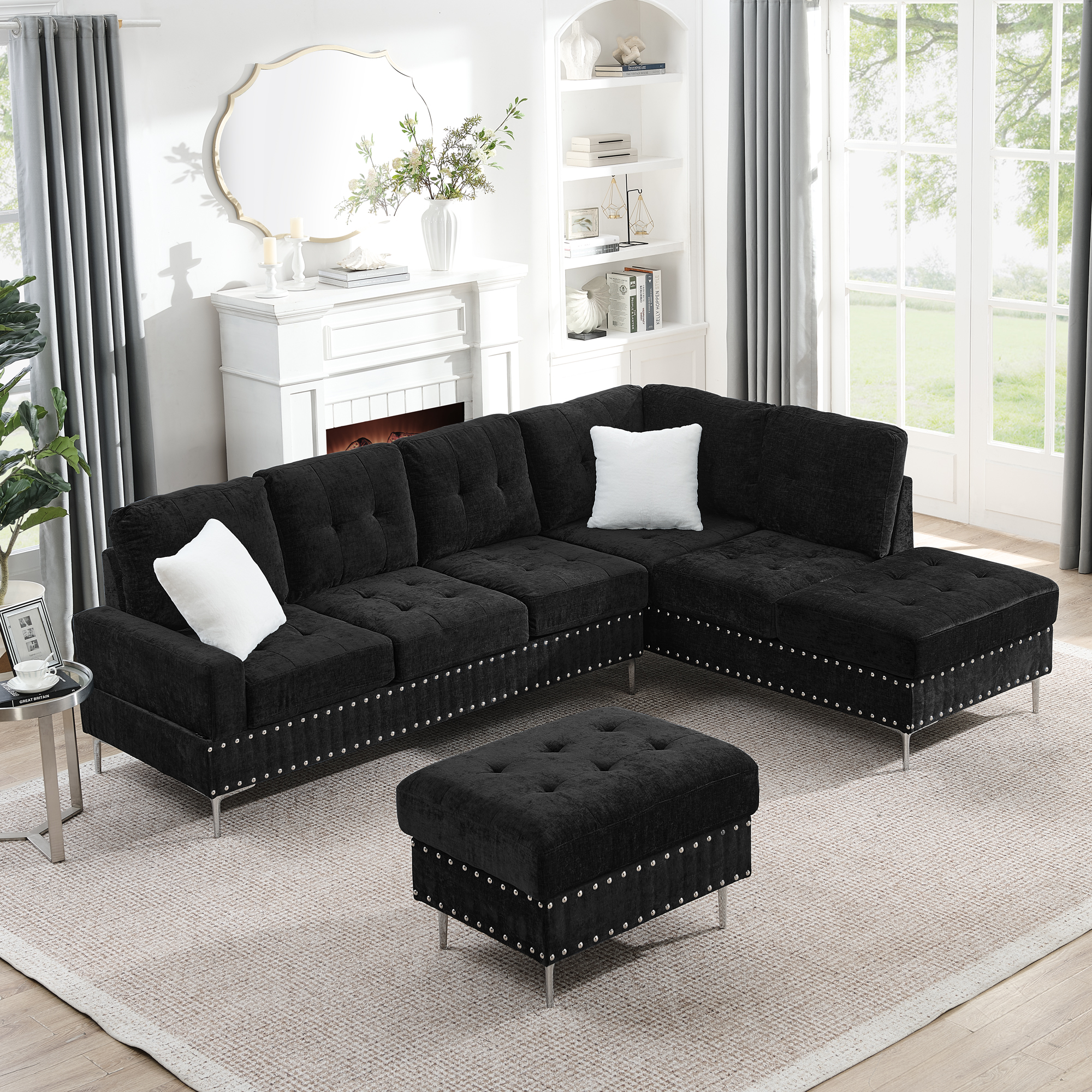 Sectional 3-Seaters Sofa with Chaise, Storage Ottoman, Metal Legs and Copper Nails,Two White Pillows ,Black(102″ x 76″ x35″)