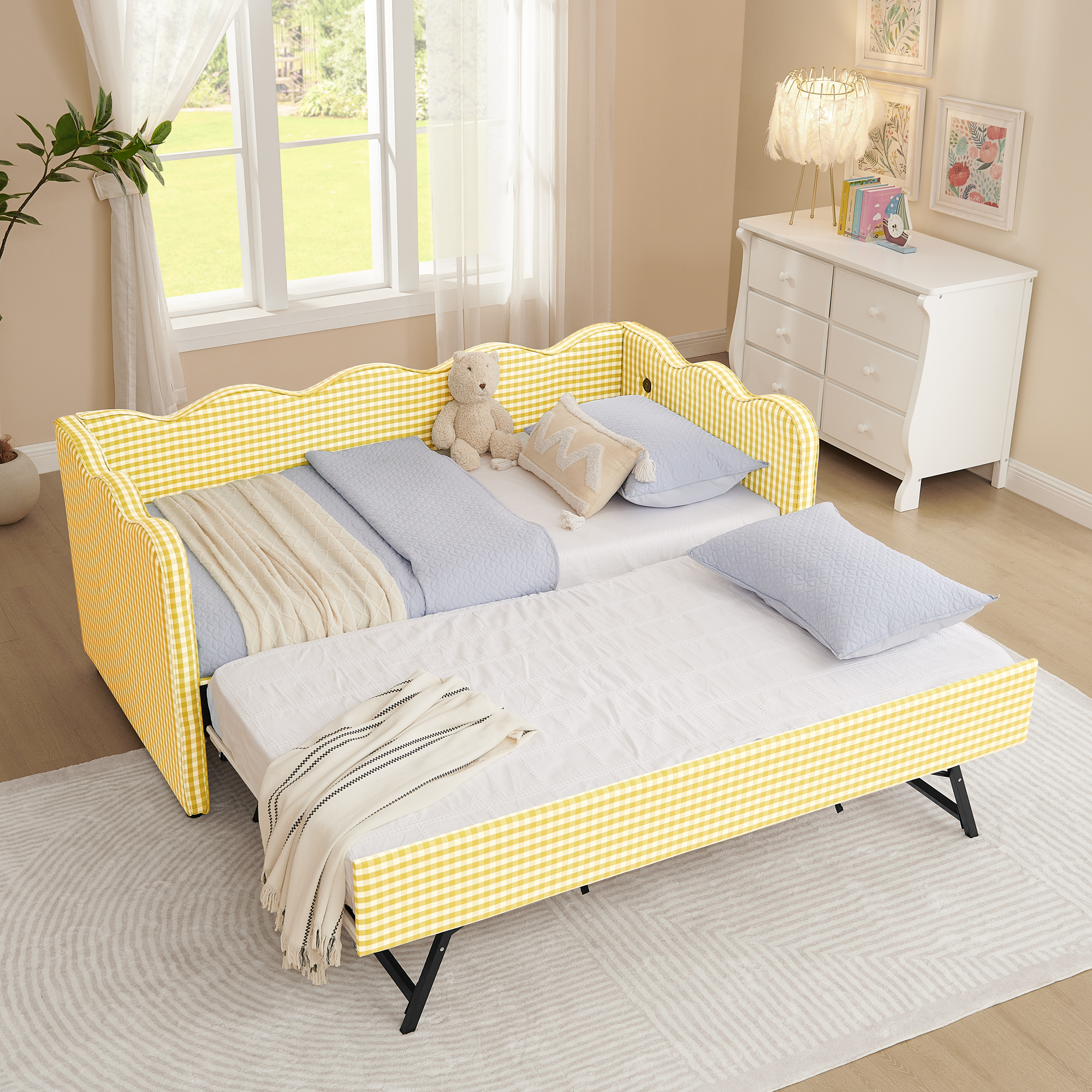 Cozy Gingham Daybed with Trundle Twin Size Sofa Bed No Box Spring Needed, with USB Port and Adorable Wave Shaped, Linen Fabric