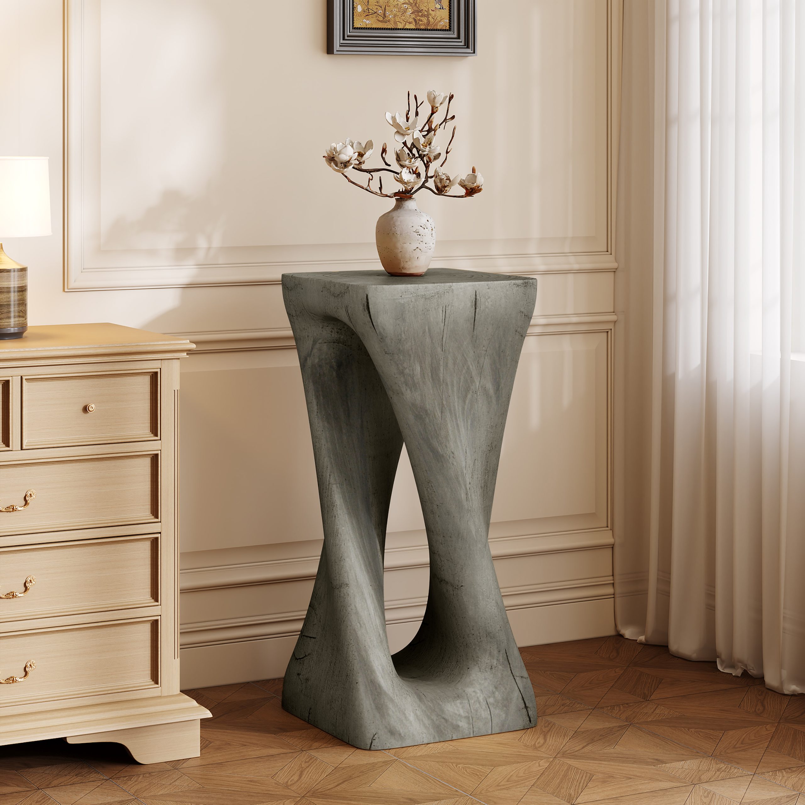 Outdoor Side Table,Twist Shape End Table,Decorative Accent Table,Garden Stool Table for Patio Balcony Beach Pool Side,Lightweight Concrete,Wood Like Texture,Grey Color