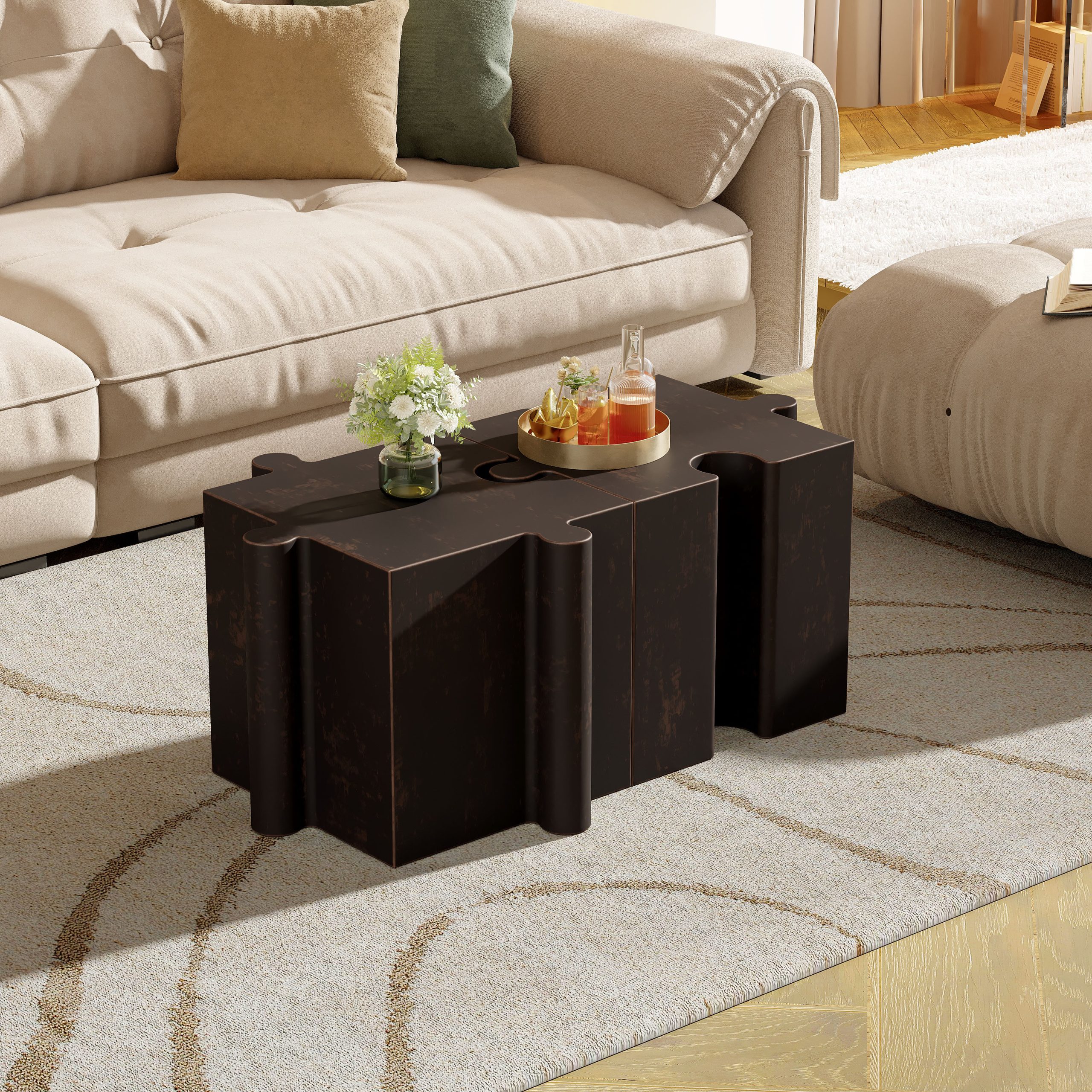 2-Piece Artistic Puzzle Table Set,Modular MGO Side Tables with Interlocking Design (1 Convex & 1 Concave), 200lb Capacity for Indoor & Outdoor, Antique Copper Color