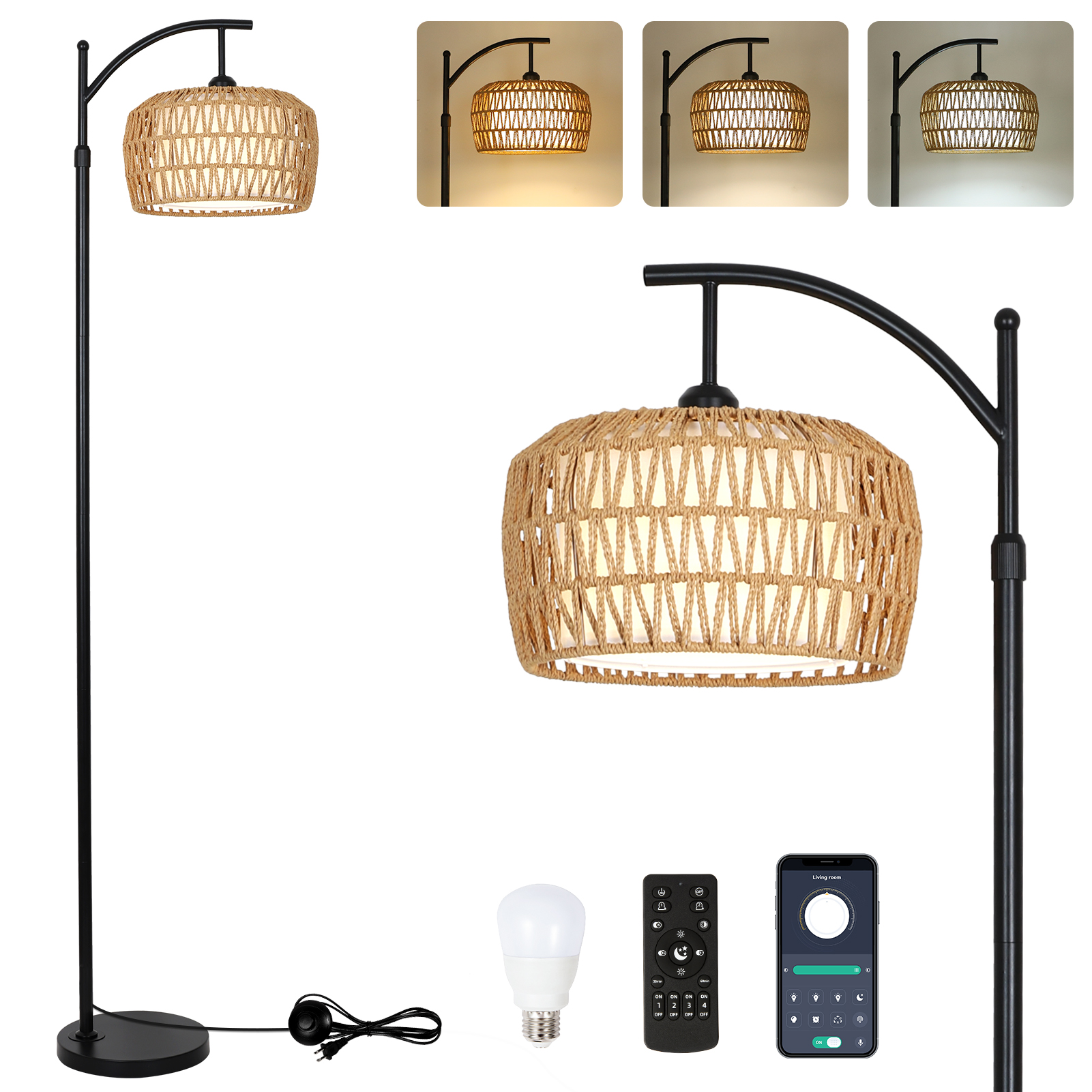 Arc Floor Lamps for Living Room, Dimmable Rattan Floor Lamp with Remote & LED Bulb, Mid Century Modern Standing Lamp with Double Shades, Boho Farmhouse Tall Pole Lamps for Bedroom Office