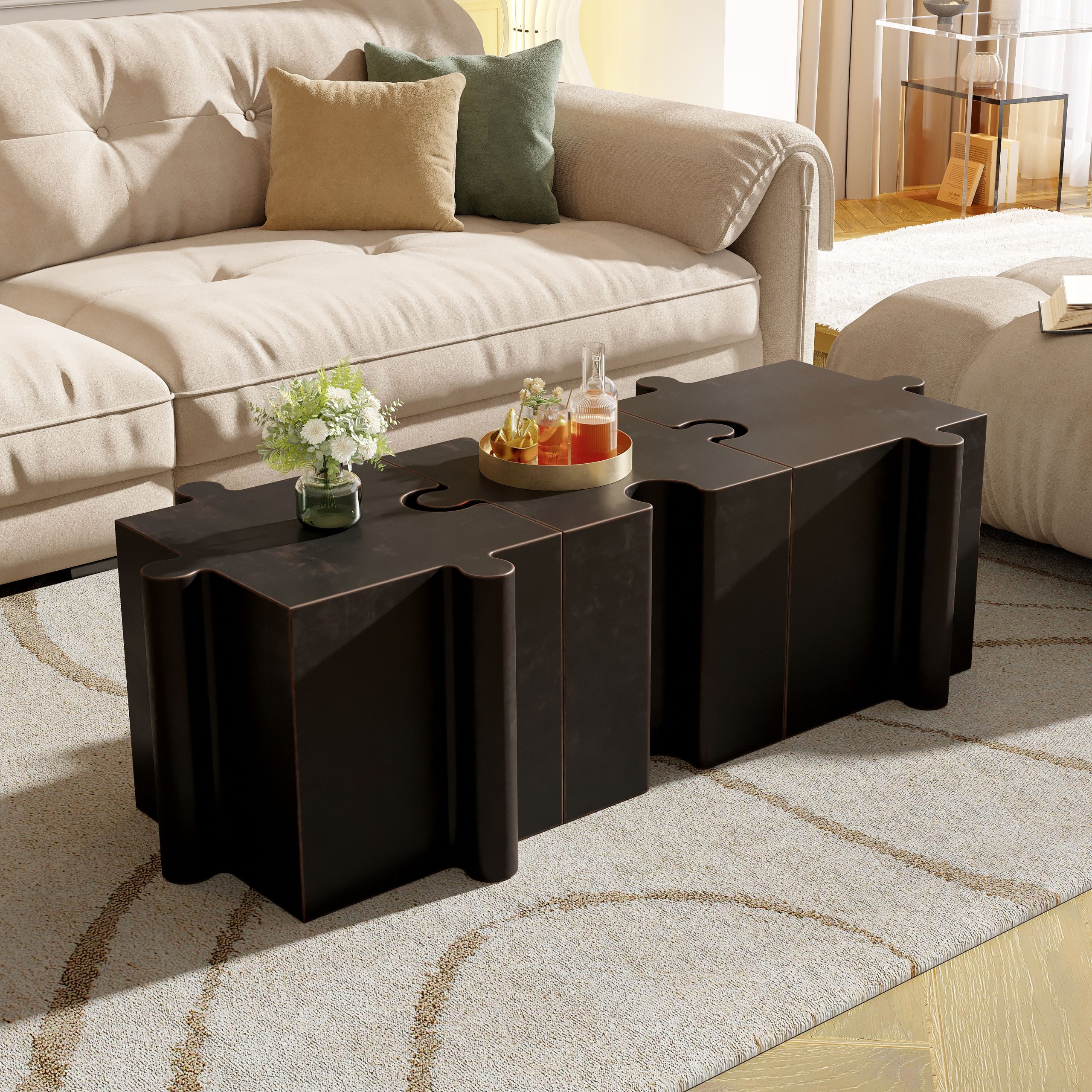 3-Piece Artistic Puzzle Table Set,Modular MGO Side Tables with Interlocking Design (2 Convex & 1 Concave), 200lb Capacity for Indoor & Outdoor, Antique Copper Color