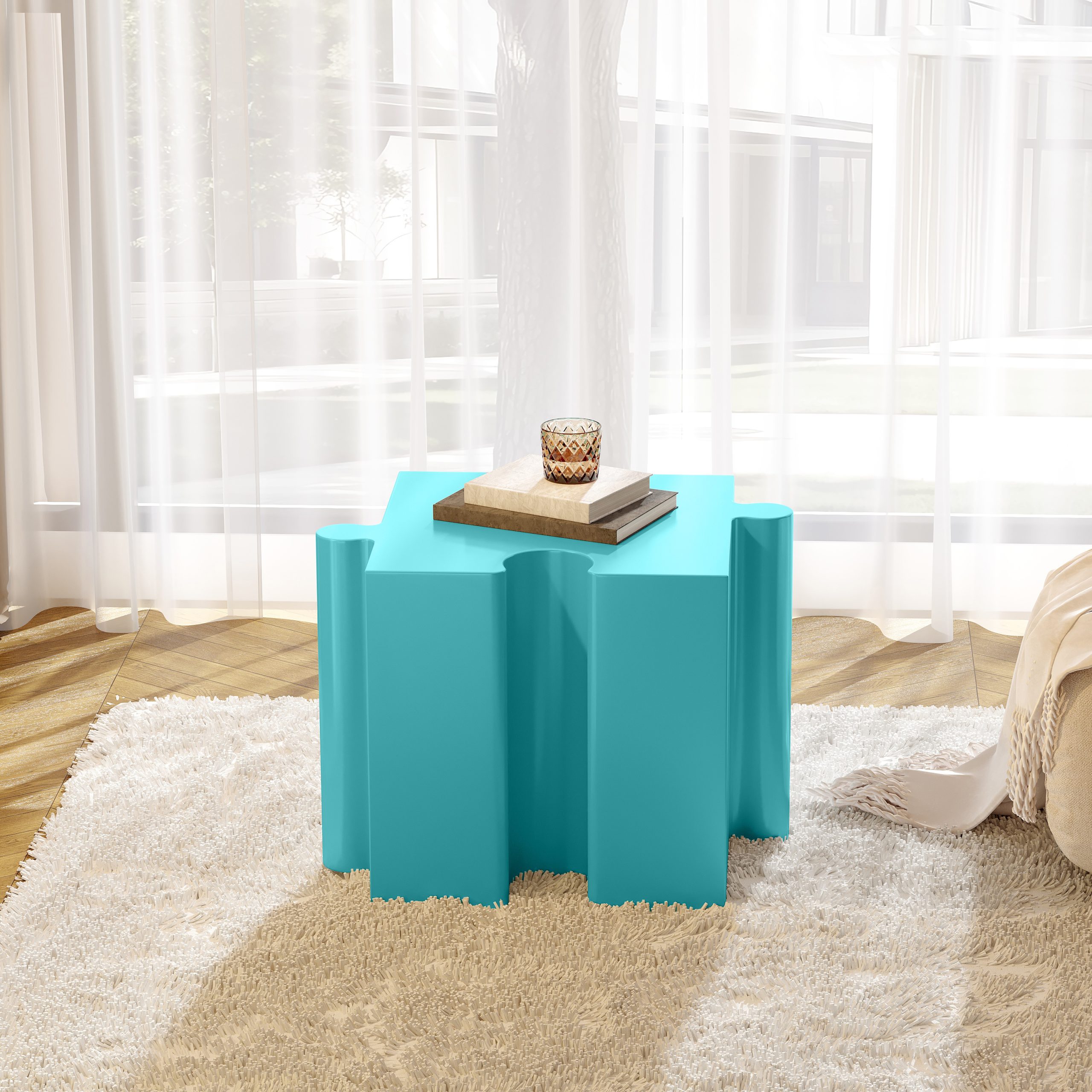 Puzzle Art Side Table, Modular Concave Edge MGO Table – Buy Singles or Combine for Custom Layouts, Indoor & Outdoor,Light Blue Color