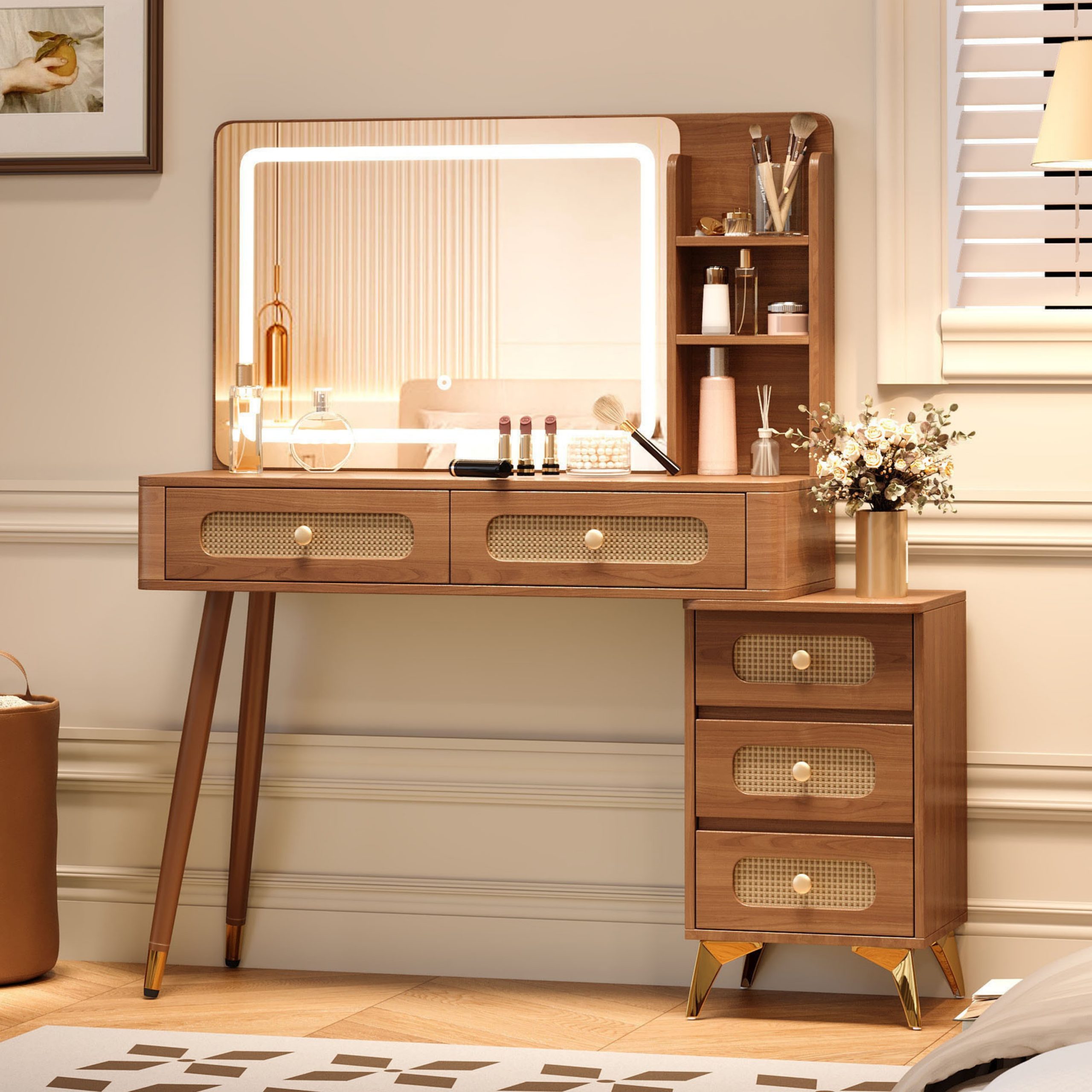 47”Vintage Makeup Vanity with Mirror and Lights, Makeup Vanity Desk with 5 Drawers and Storage Shelf, Rattan Drawer Design, 3 Color Modes and Adjustable Brightness Dressing Table,Walnut