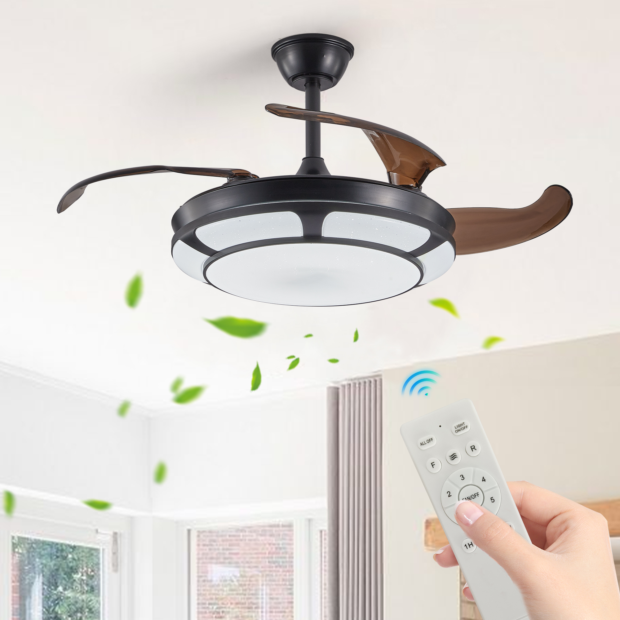 42″ Retractable Ceiling Fan with Light, Modern LED Chandelier Fan with Remote Control, 6 Speed Adjustable Blades, Quiet DC Motor, Dimmable Lighting for Living Room, Bedroom, Dining Room