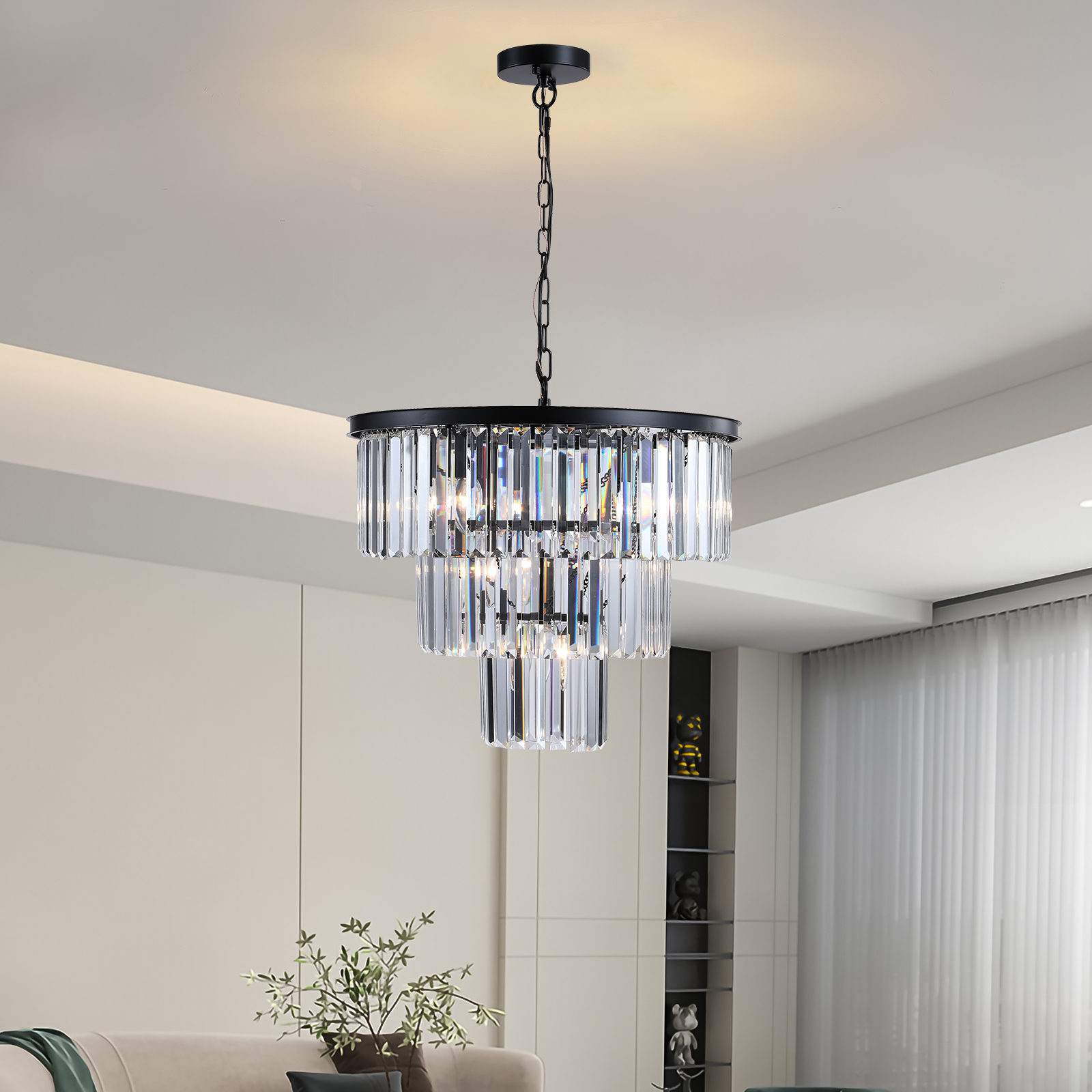 (NEW SKU:W1340P189315) 20″ Modern Crystal Chandelier with Black Finish – Elegant 7-Light Pendant Light with 3 Tier Crystal Strands for Dining Room, Living Room, or Bedroom (Bulb Not Included)
