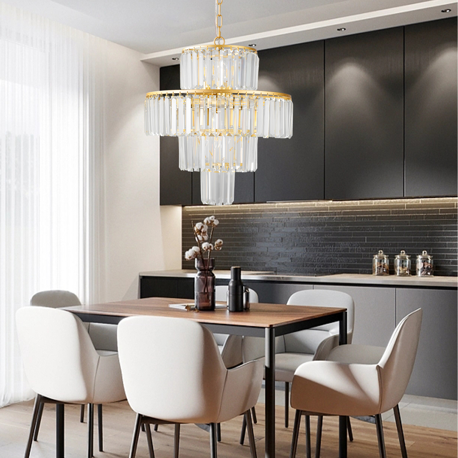 20″ Modern Crystal Chandelier with Gold Finish, 4-Tier Design for Dining Room or Living Room, Elegant Crystal Pendant Light Fixture (Bulb Not Included)