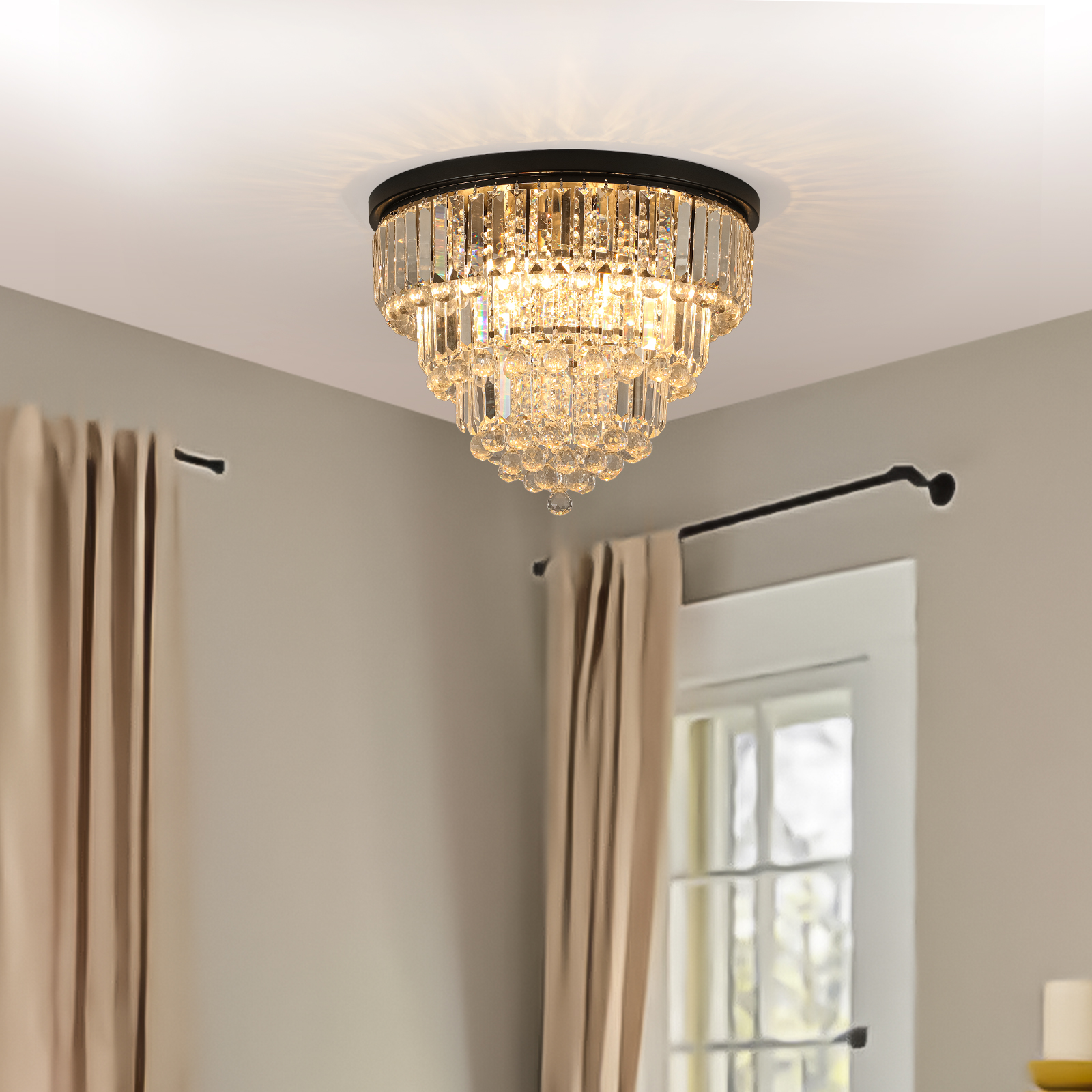 20″ Luxury Crystal Flush Mount Ceiling Light with Black Finish – Elegant 6-Light Chandelier for Living Room, Dining Room, or Bedroom (Bulb Not Included)