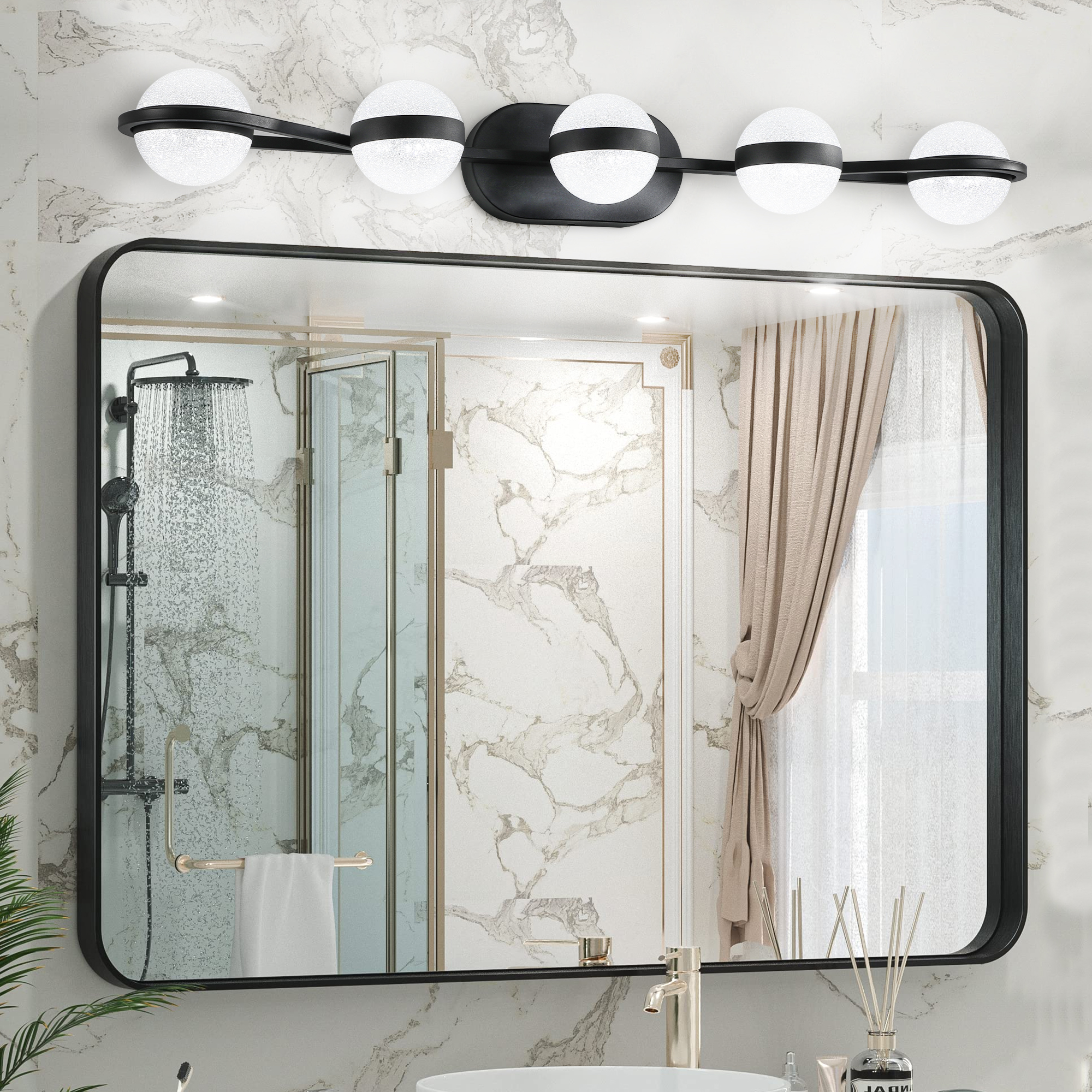 (NEW SKU:W1340P206793) 35″ Modern Minimalist Bathroom Vanity Light, LED 5 Bulb Crystal Sand Acrylic Shades, Wall Mounted Decorative Lighting Fixture, Suitable for Bathroom Vanity Mirror (Black)