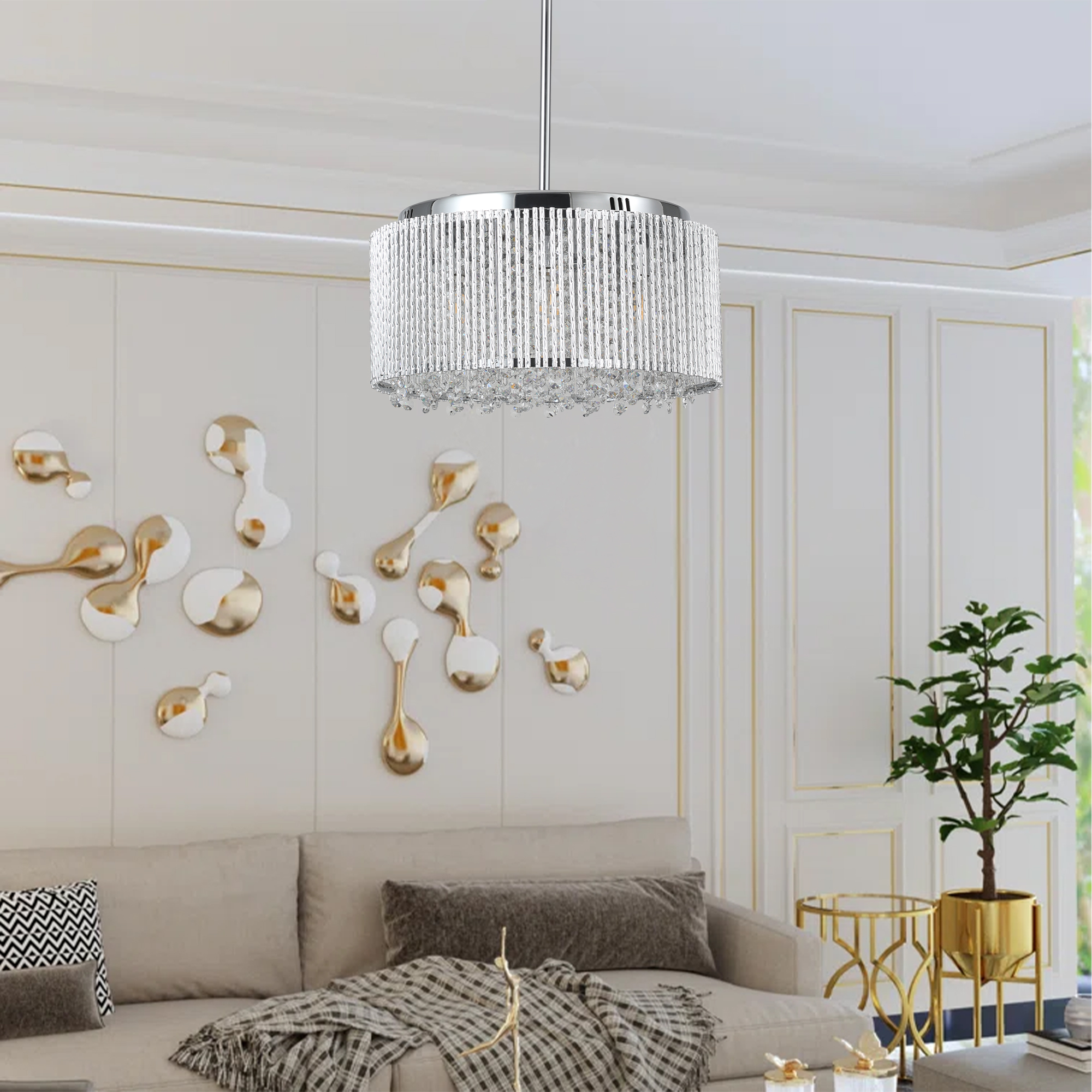 16″ Elegant Crystal Pendant Chandelier with Chrome Finish – 7-Light Drum Light Fixture with Clear Crystal Strands for Dining Room, Living Room, or Bedroom (Bulb Not Included)