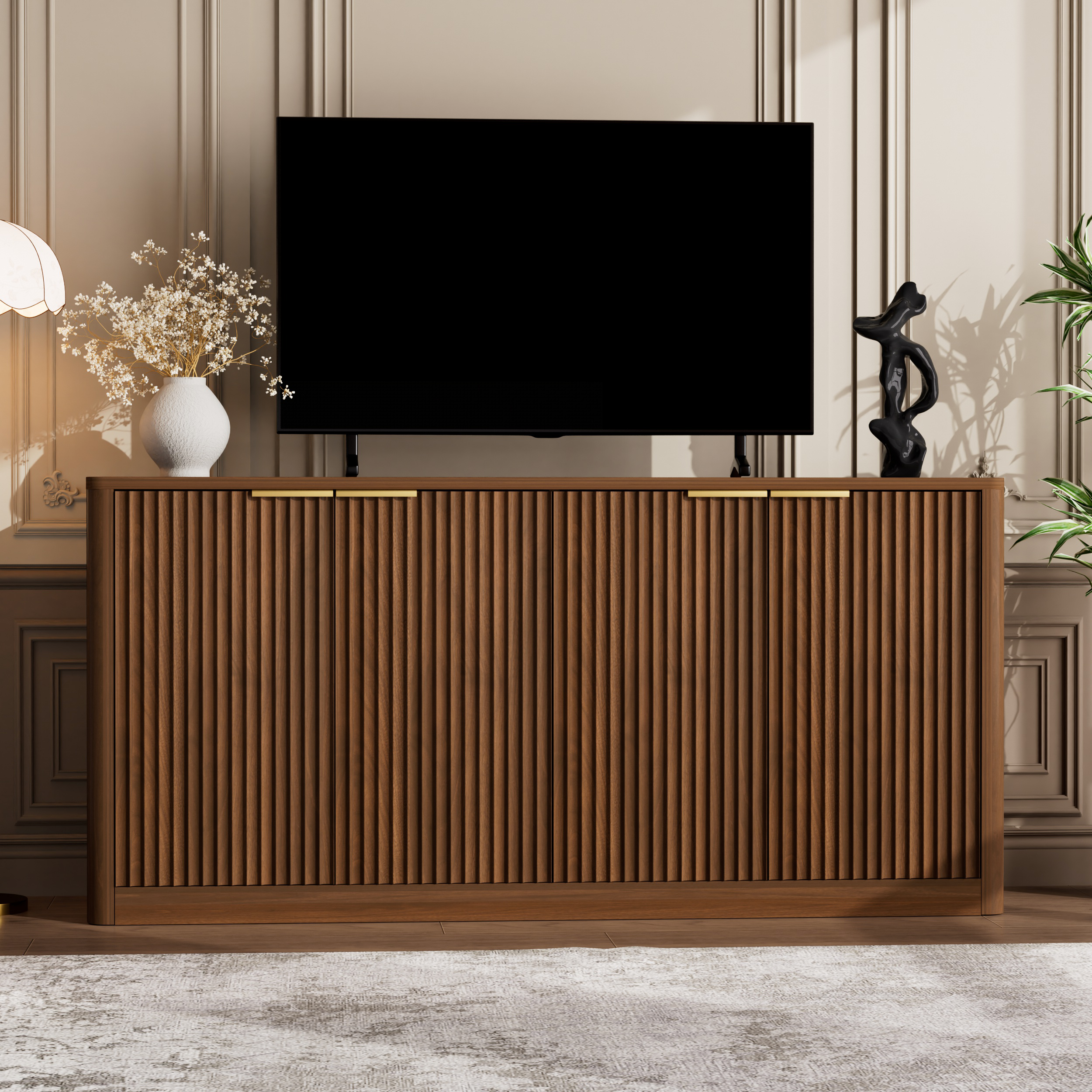 59-inch modern wavy sideboard, curved contour design storage cabinet, 4-door cabinet with storage function, suitable for kitchen/bedroom/living room, Walnut, 59.0″L x 15.7″W x 27.7″H