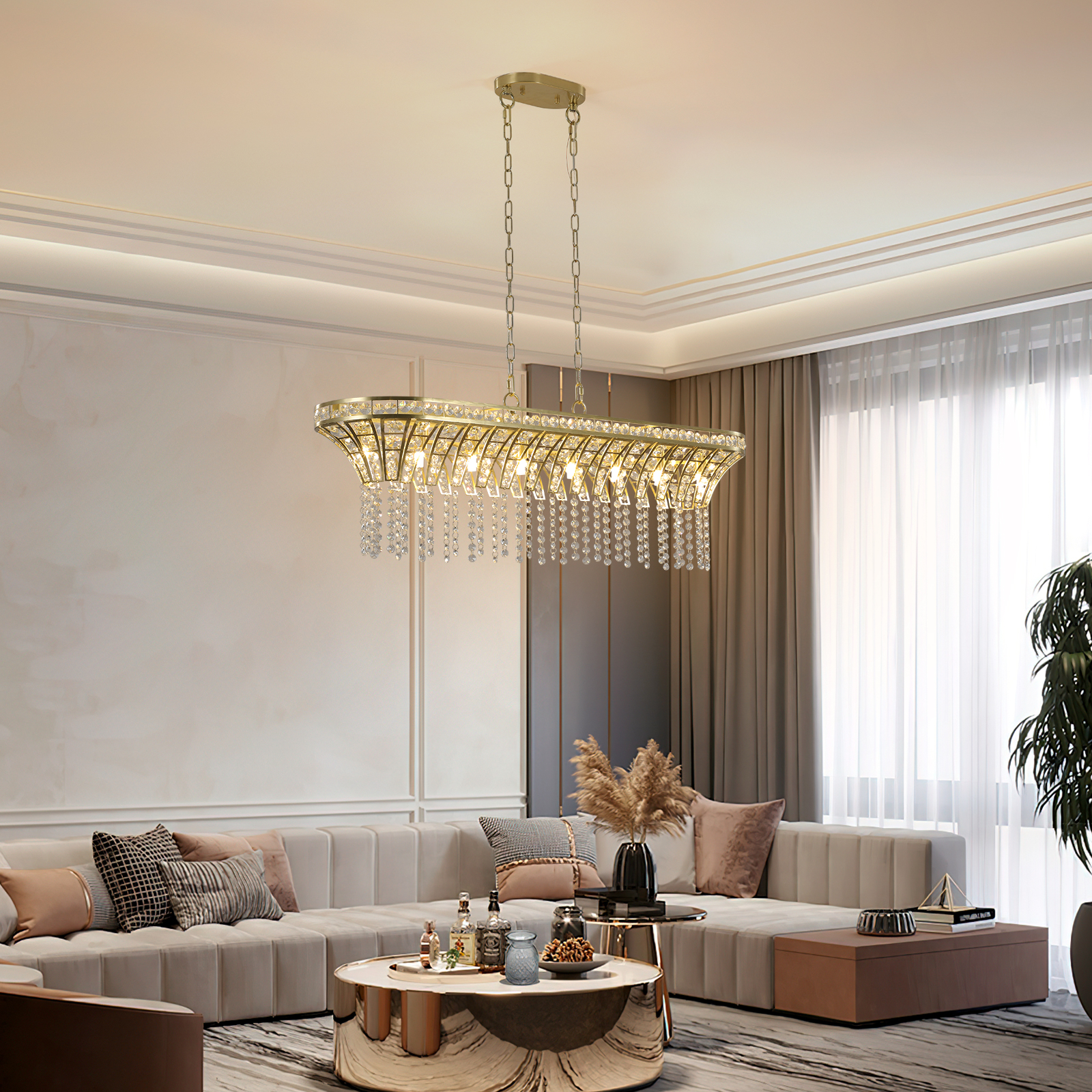 39″ Modern Crystal Linear Rectangle Chandelier with Gold Finish, Elegant Pendant Light with Cascading Beads, for Dining Room, Living Room, or Foyer (Bulb Not Included)