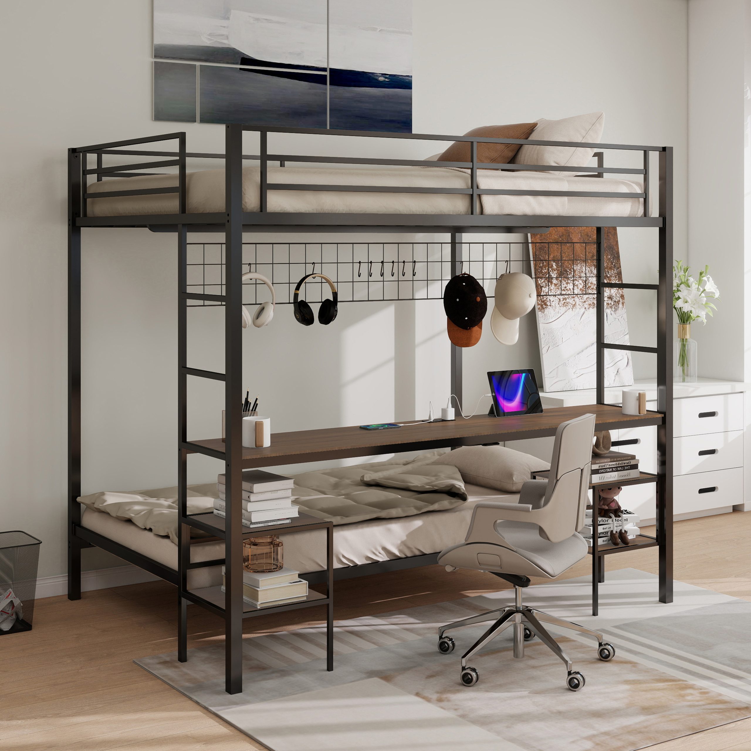 Ethan Full Over Twin Bunk Bed with Desk and Charging Station and Storage Shelves and Metal Wire Mesh Panel with Hooks for Teen,Safety Guard & Stairs,No Box Spring Needed, Black & Cinnamon Oak