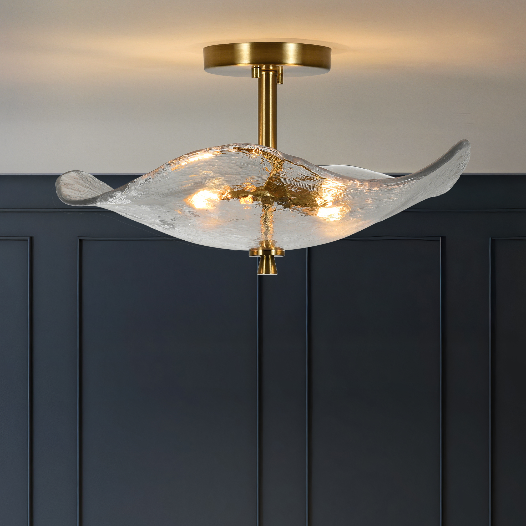 16.5″ Glass Semi Flush Mount Ceiling Light Fixture, 2-Lights Close to Ceiling Light, Modern Gold Ceiling Light Fixture for Bedroom Bathroom Hallway Entryway Kitchen Dining Room