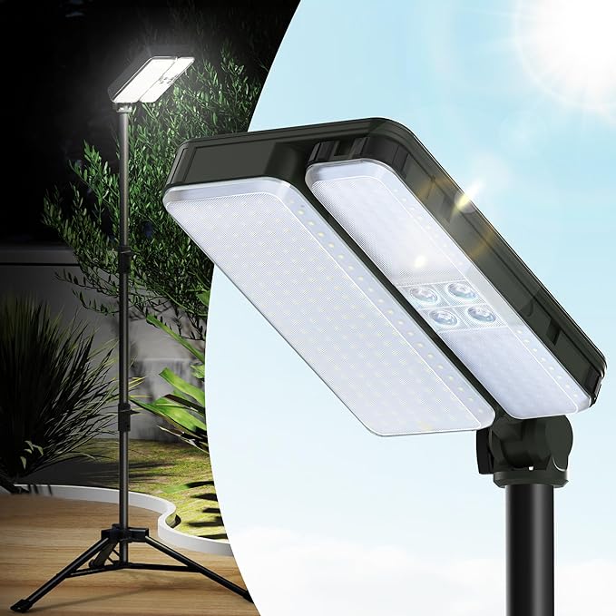 10000lm Dimmable Rechargeable Work Light, 15000mAh Detachable Camping Work Light 72” Telescopic with 2 Separate Lights, 2 Charge Ways Type C & Solar Powered