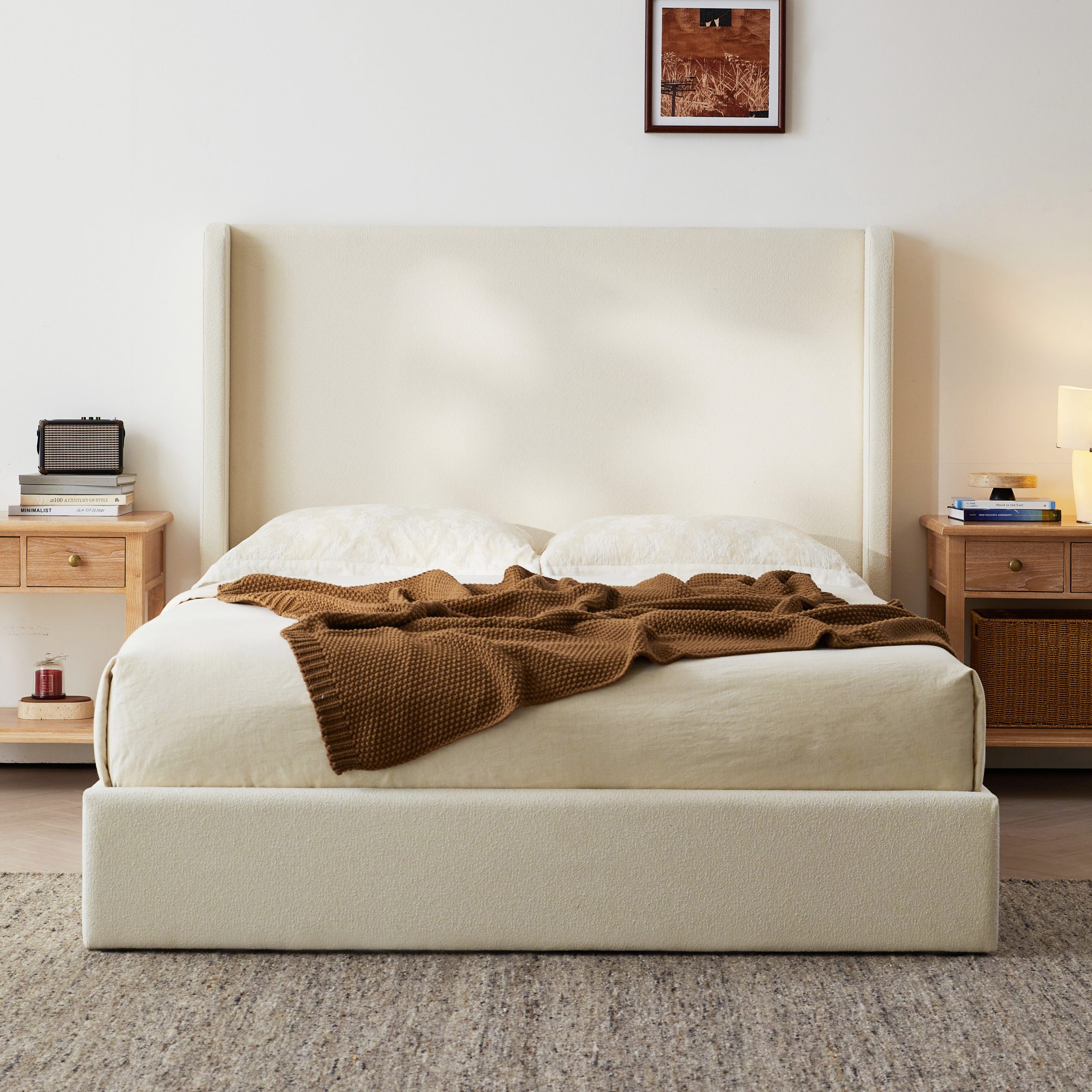 Carmen Upholstered Wingback Bed / Upholstered Platform Bed Frame / 52.3″ High Headboard / Simplicity / Minimalist / No Box Spring Needed / Easy Assembly / King/  Ivory Boucle  / No Noise