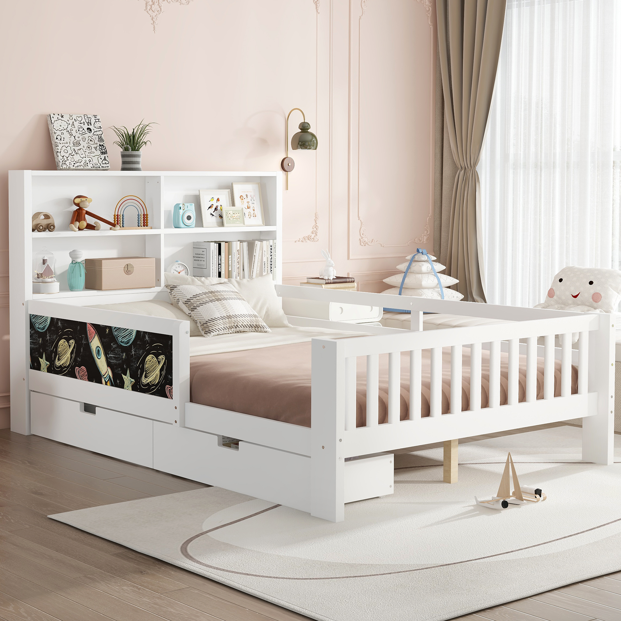 Full Platform Bed with Chalkboard, Solid Wood Platform Bed with Storage Drawers and Shelves, Childlike Fun and Space-saving Design, White