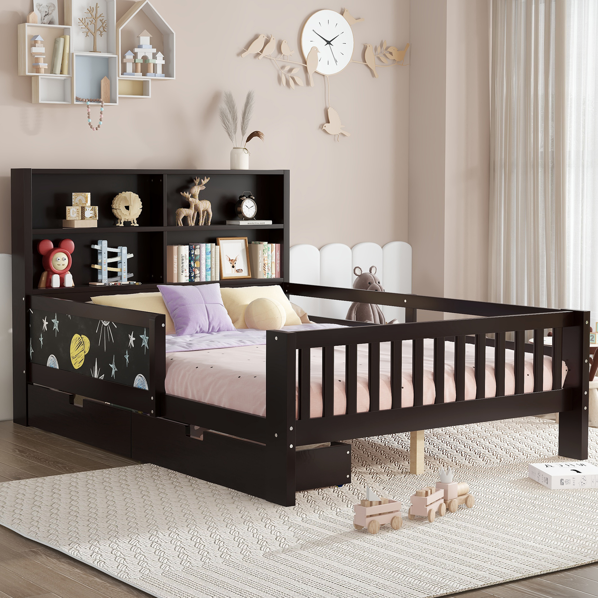 Full Platform Bed with Chalkboard, Solid Wood Platform Bed with Storage Drawers and Shelves, Childlike Fun and Space-saving Design, Espresso