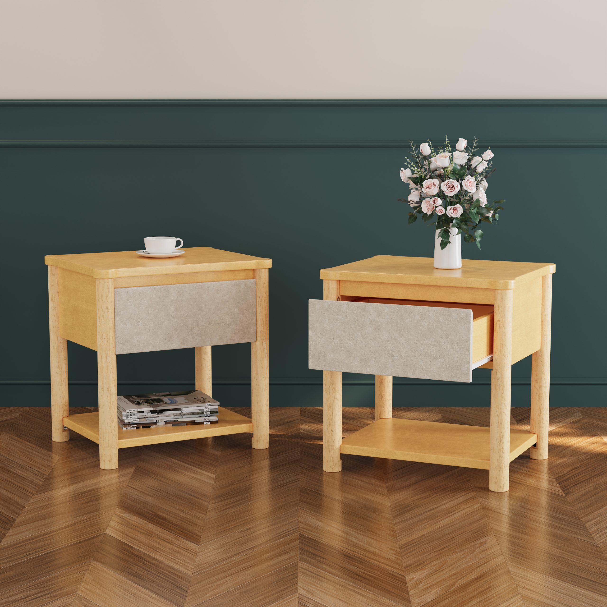 Wood Nightstand,Modern Nightstands with Drawer, Farmhouse Bedside Table for Bedroom Living Room ,MP2(set of 2) Natural&Beige Color