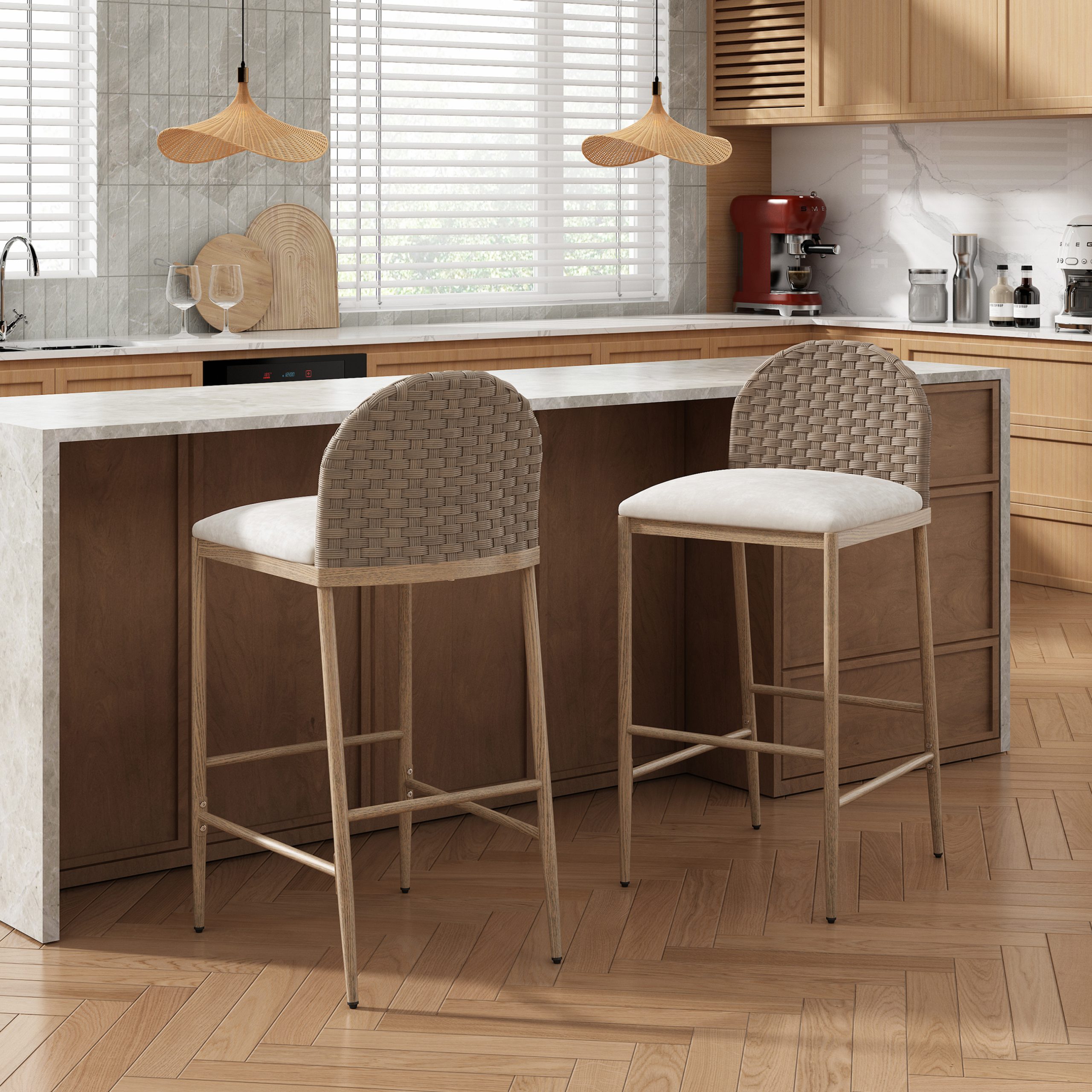 29.5″ Farmhouse Barstools Set of 2,Upholstered  Armless Iron Counter Stools with rattan Backrest for Kitchen Dining Island Table,Brown+Beige